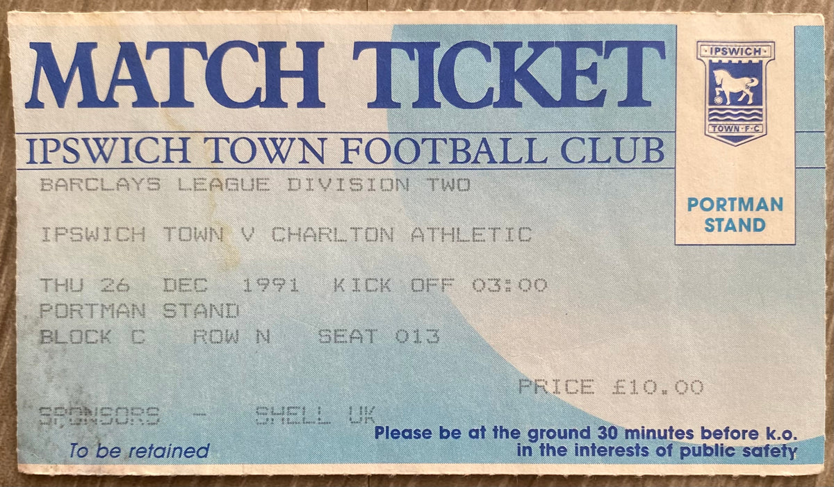 1991/92 ORIGINAL DIVISION 2 TICKET  IPSWICH TOWN V CHARLTON ATHLETIC