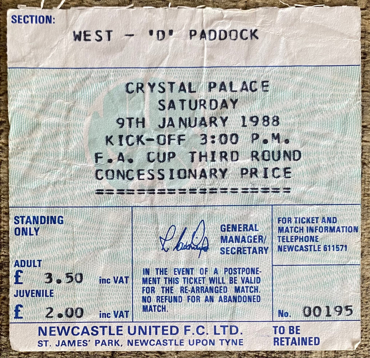 1987/88 ORIGINAL FA CUP 3RD ROUND TICKET NEWCASTLE UNITED V CRYSTAL PALACE