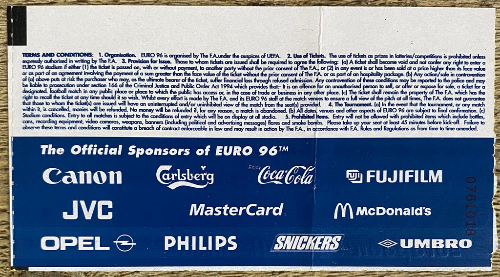 1996 ORIGINAL EUROPEAN CHAMPIONSHIPS EURO 96 TICKET ENGLAND V NETHERLANDS @ WEMBLEY