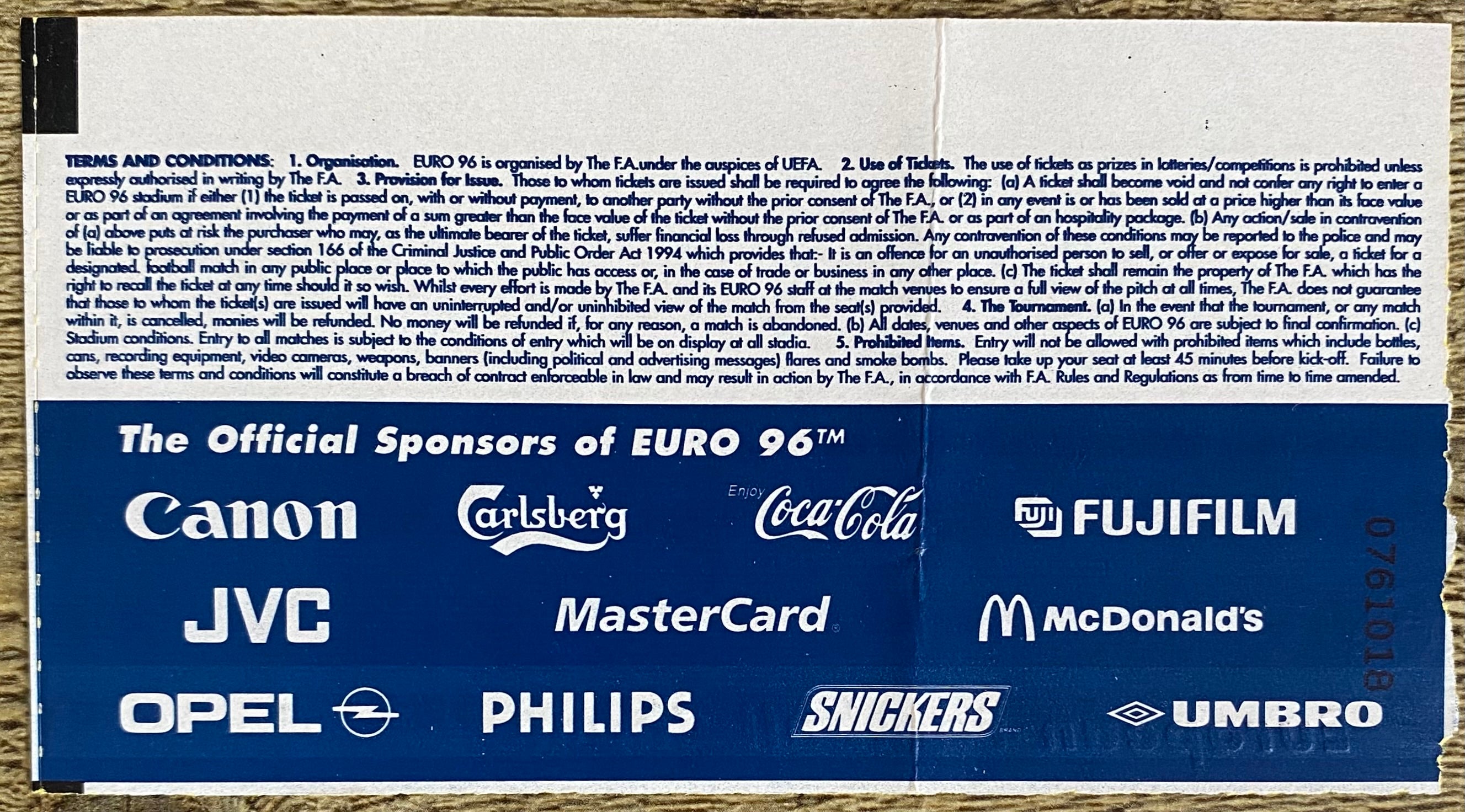 1996 ORIGINAL EUROPEAN CHAMPIONSHIPS EURO 96 TICKET ENGLAND V NETHERLANDS @ WEMBLEY