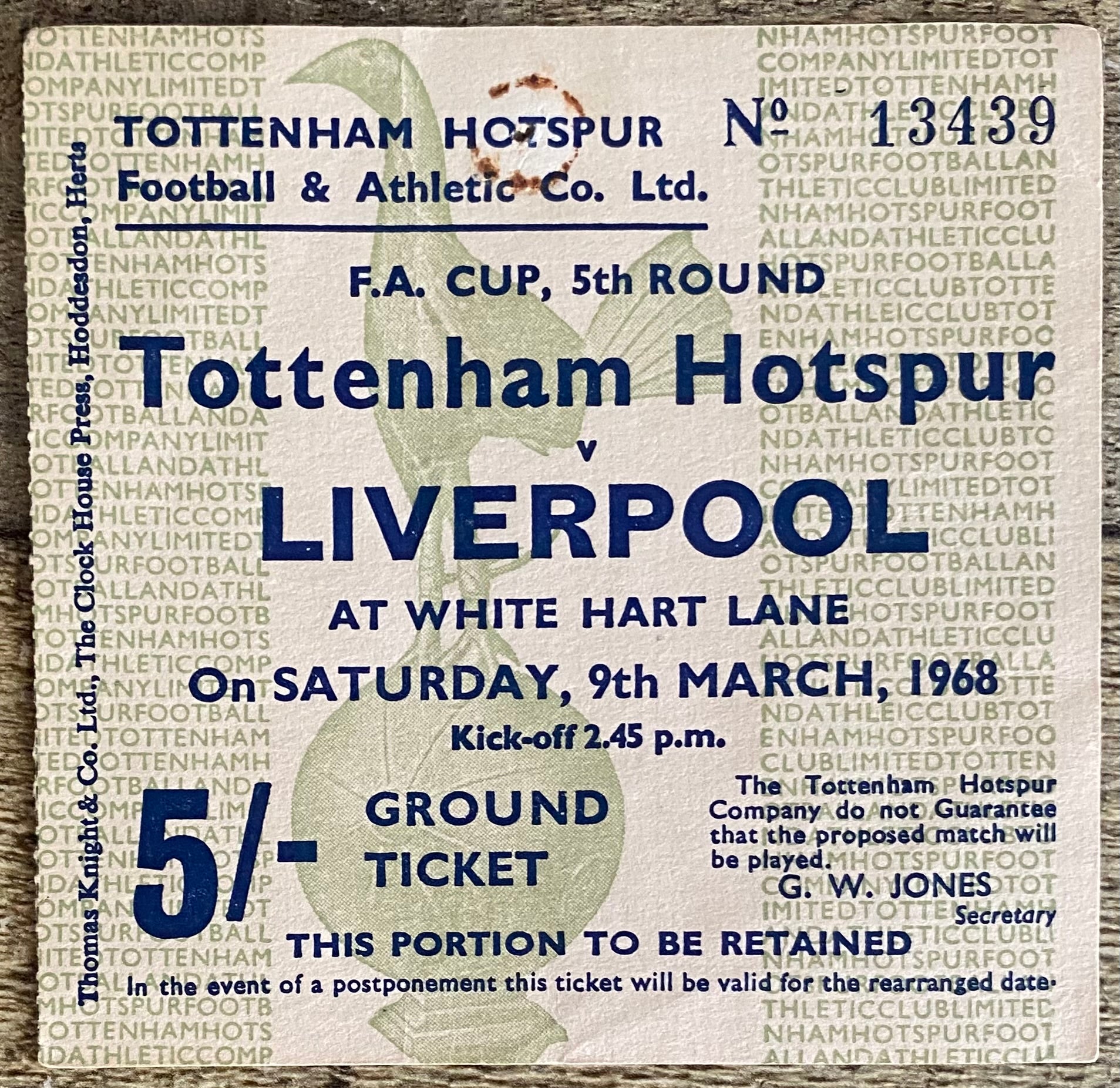 1967/68 ORIGINAL FA CUP 5TH ROUND TICKET TOTTENHAM HOTSPUR V LIVERPOOL