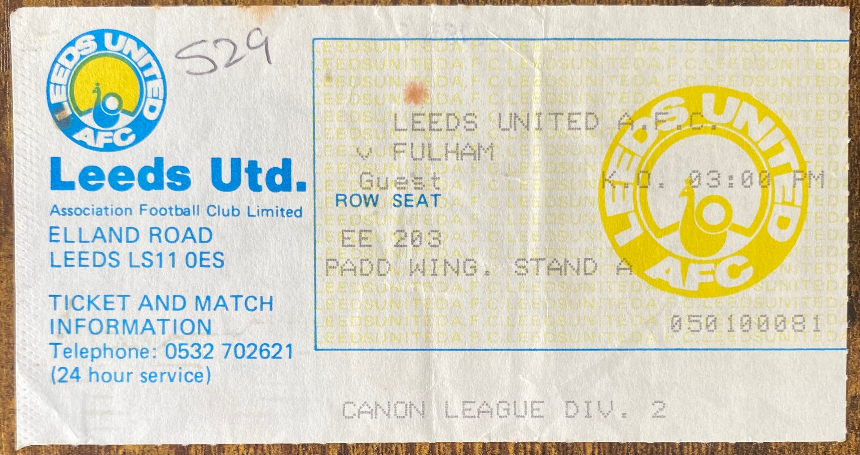 1983/84 ORIGINAL DIVISION TWO TICKET LEEDS UNITED V FULHAM