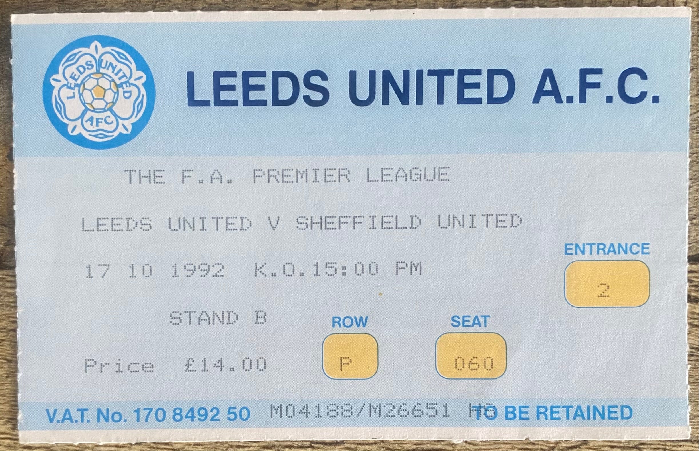 1992/93 ORIGINAL PREMIER LEAGUE TICKET LEEDS UNITED V SHEFFIELD UNITED