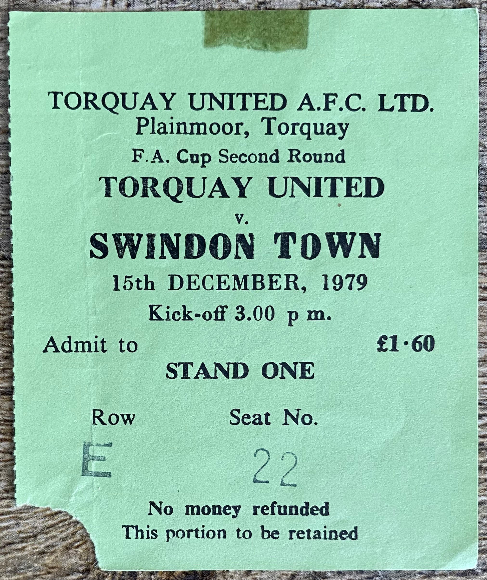 1979/80  ORIGINAL FA CUP 2ND ROUND TICKET TORQUAY UNITED V SWINDON TOWN