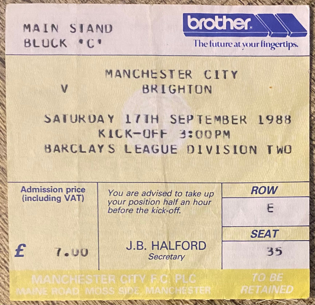 1988/89 ORIGINAL DIVISION 2 TICKET MANCHESTER CITY V BRIGHTON AND HOVE ALBION