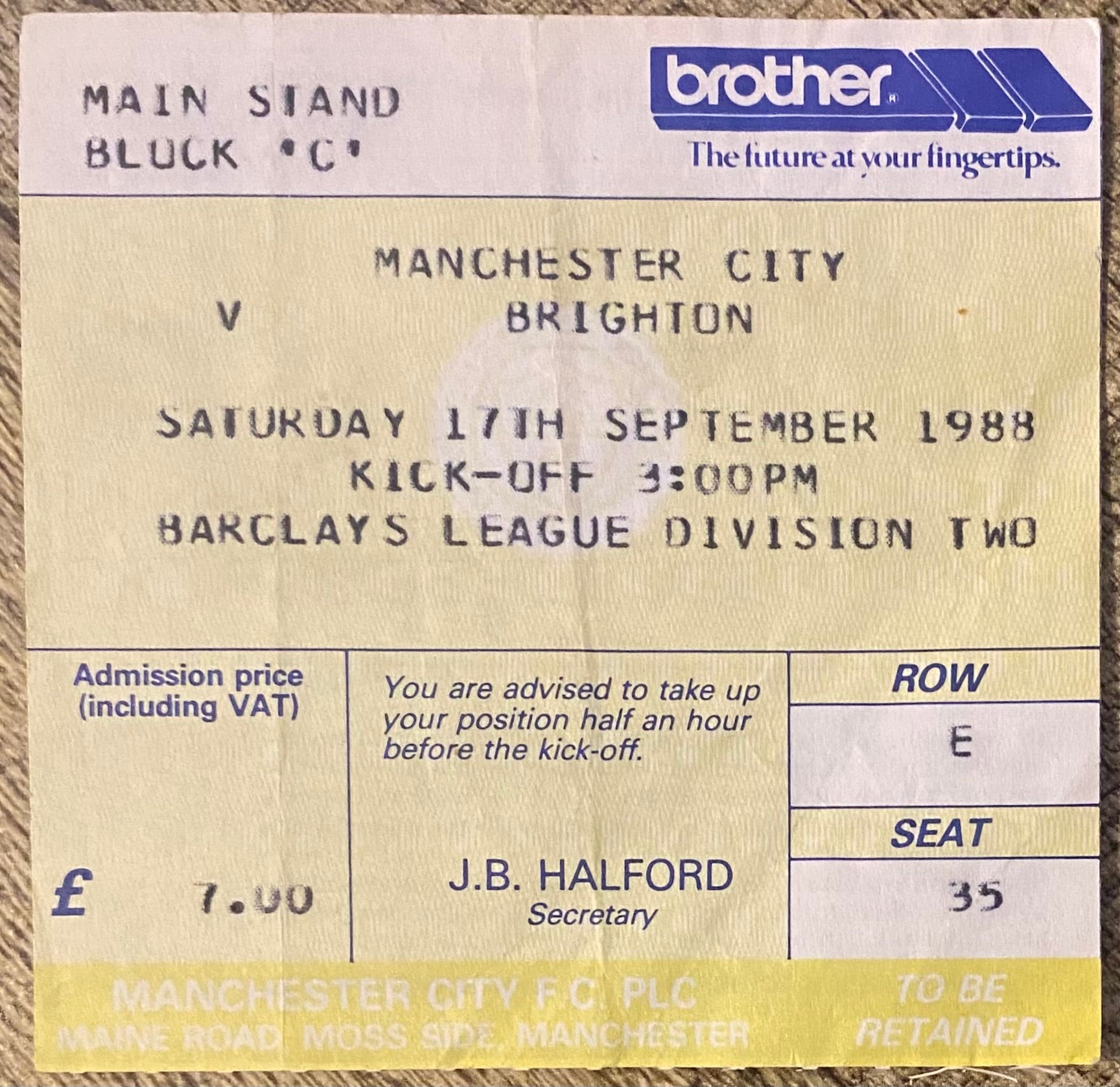 1988/89 ORIGINAL DIVISION 2 TICKET MANCHESTER CITY V BRIGHTON AND HOVE ALBION
