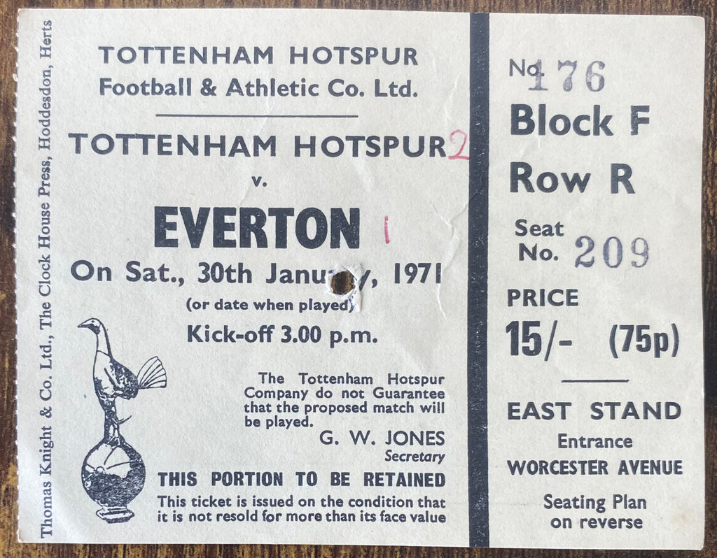 1970/71 ORIGINAL DIVISION ONE TICKET TOTTENHAM HOTSPUR V EVERTON