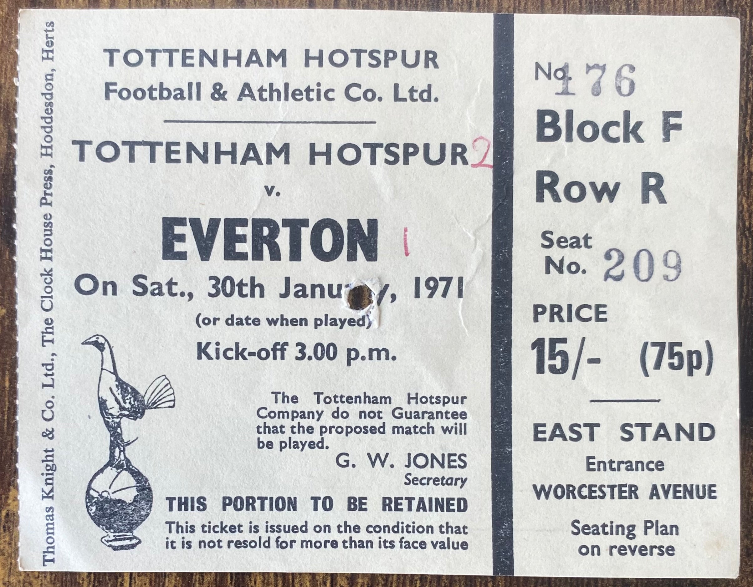 1970/71 ORIGINAL DIVISION ONE TICKET TOTTENHAM HOTSPUR V EVERTON