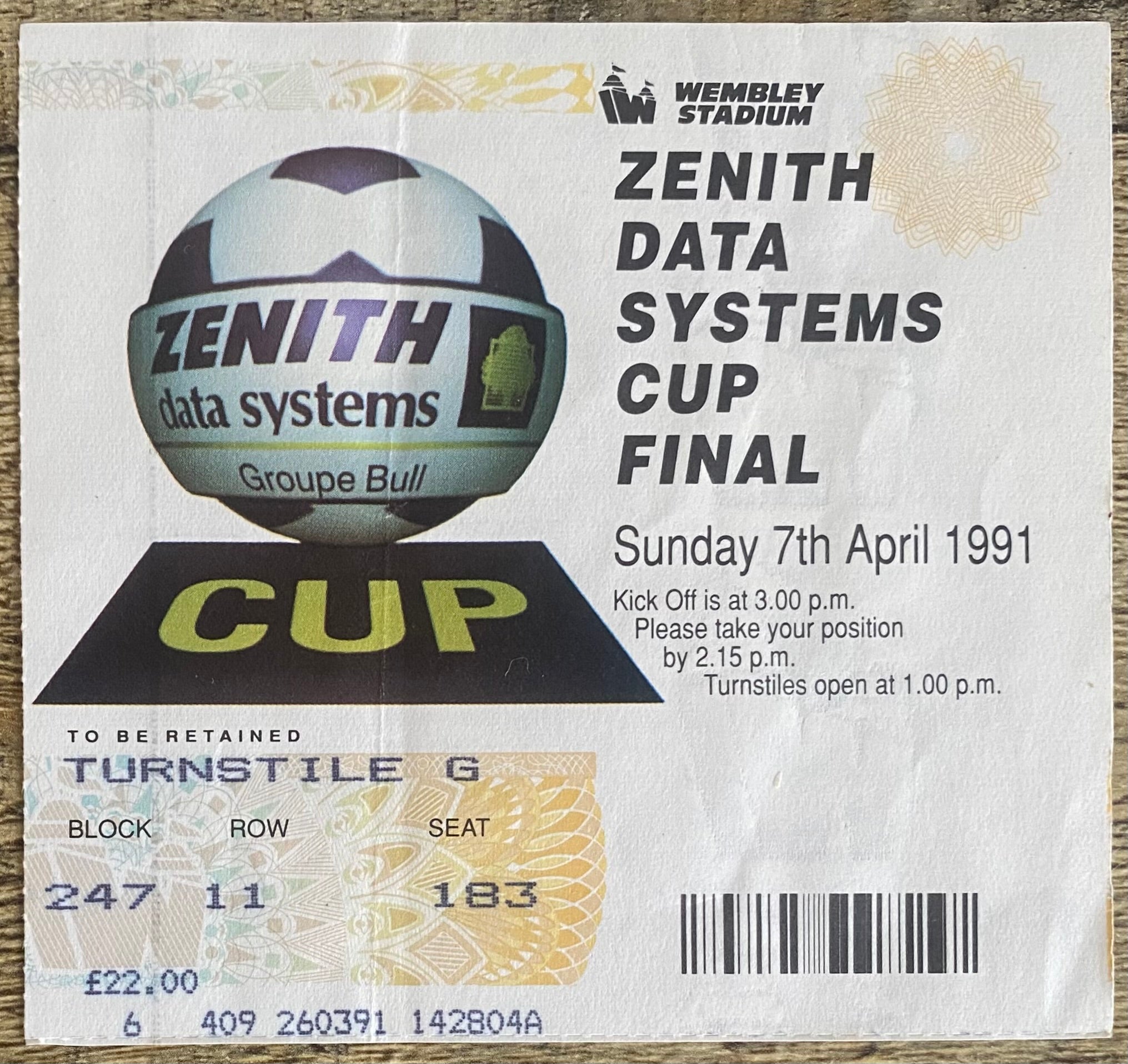 1991 ORIGINAL ZENITH DATA SYSTEMS CUP FINAL TICKET EVERTON V CRYSTAL PALACE