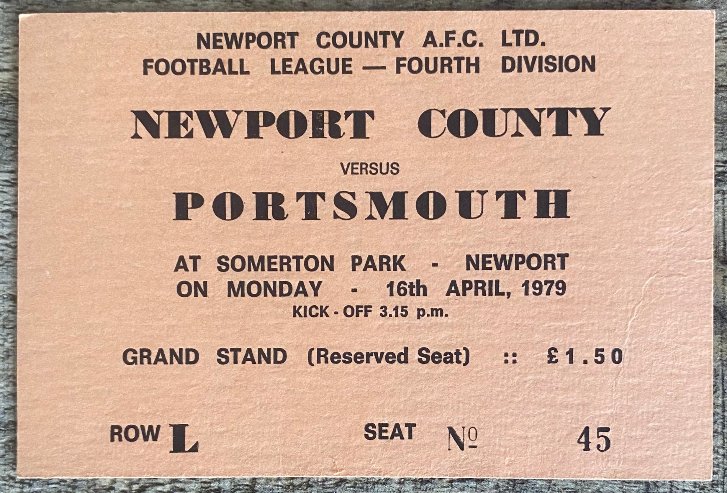 1978/79 ORIGINAL DIVISION 3 TICKET NEWPORT COUNTY V PORTSMOUTH