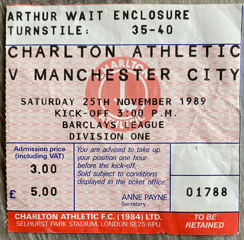 1989/90 ORIGINAL DIVISION ONE TICKET CHARLTON ATHLETIC V MANCHESTER CITY