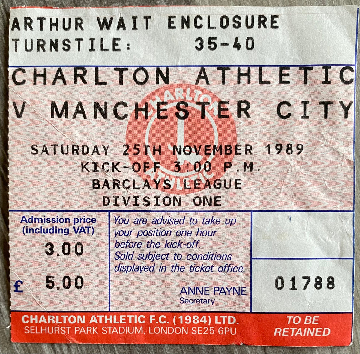 1989/90 ORIGINAL DIVISION ONE TICKET CHARLTON ATHLETIC V MANCHESTER CITY
