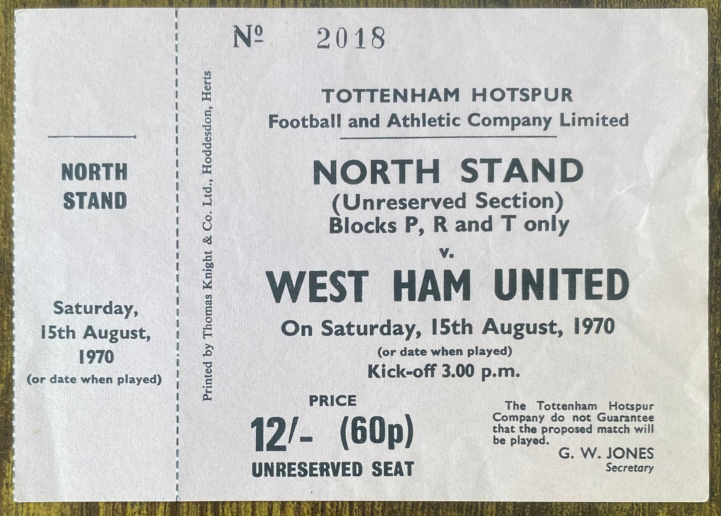 1970/71 ORIGINAL DIVISION ONE UNUSED TICKET TOTTENHAM HOTSPUR V WEST HAM UNITED