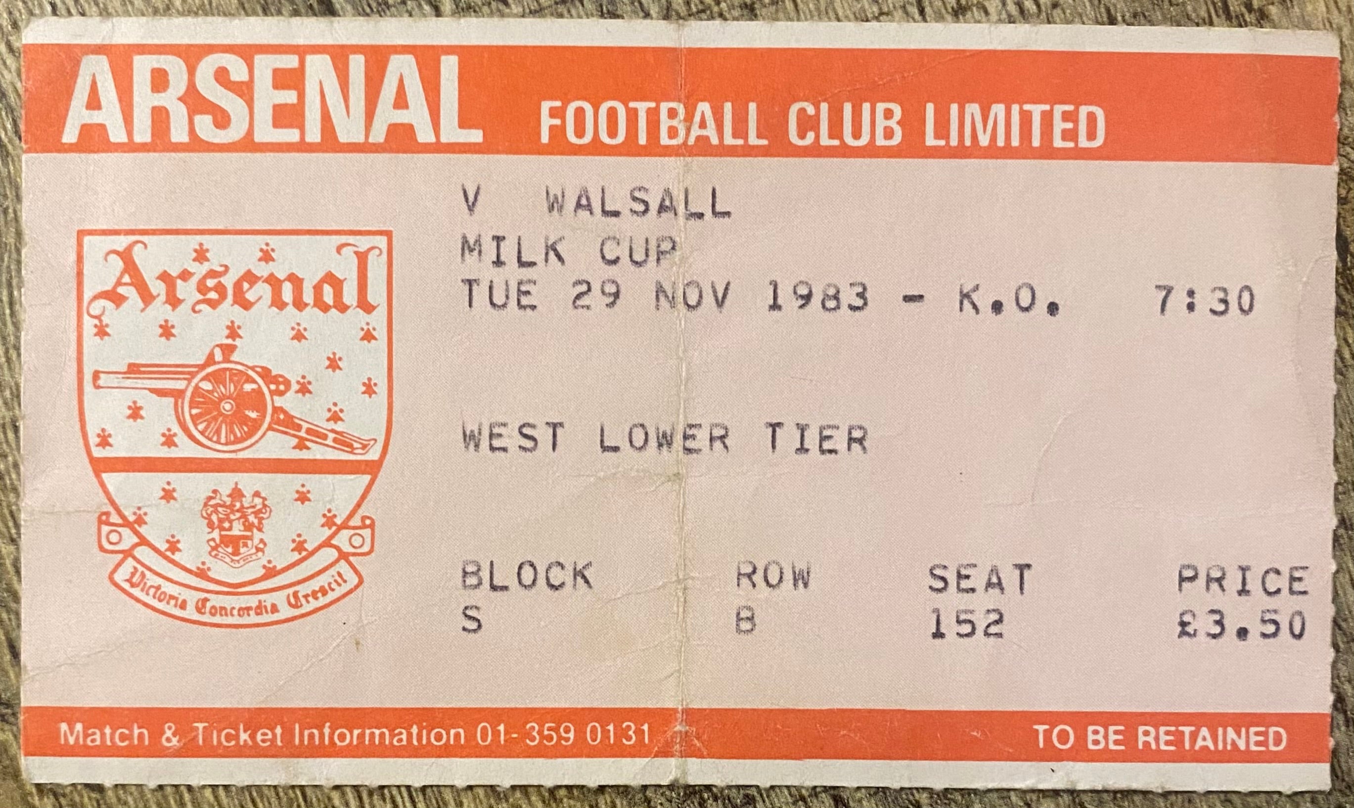 1983/84 ORIGINAL LEAGUE CUP 4TH ROUND  TICKET ARSENAL V WALSALL