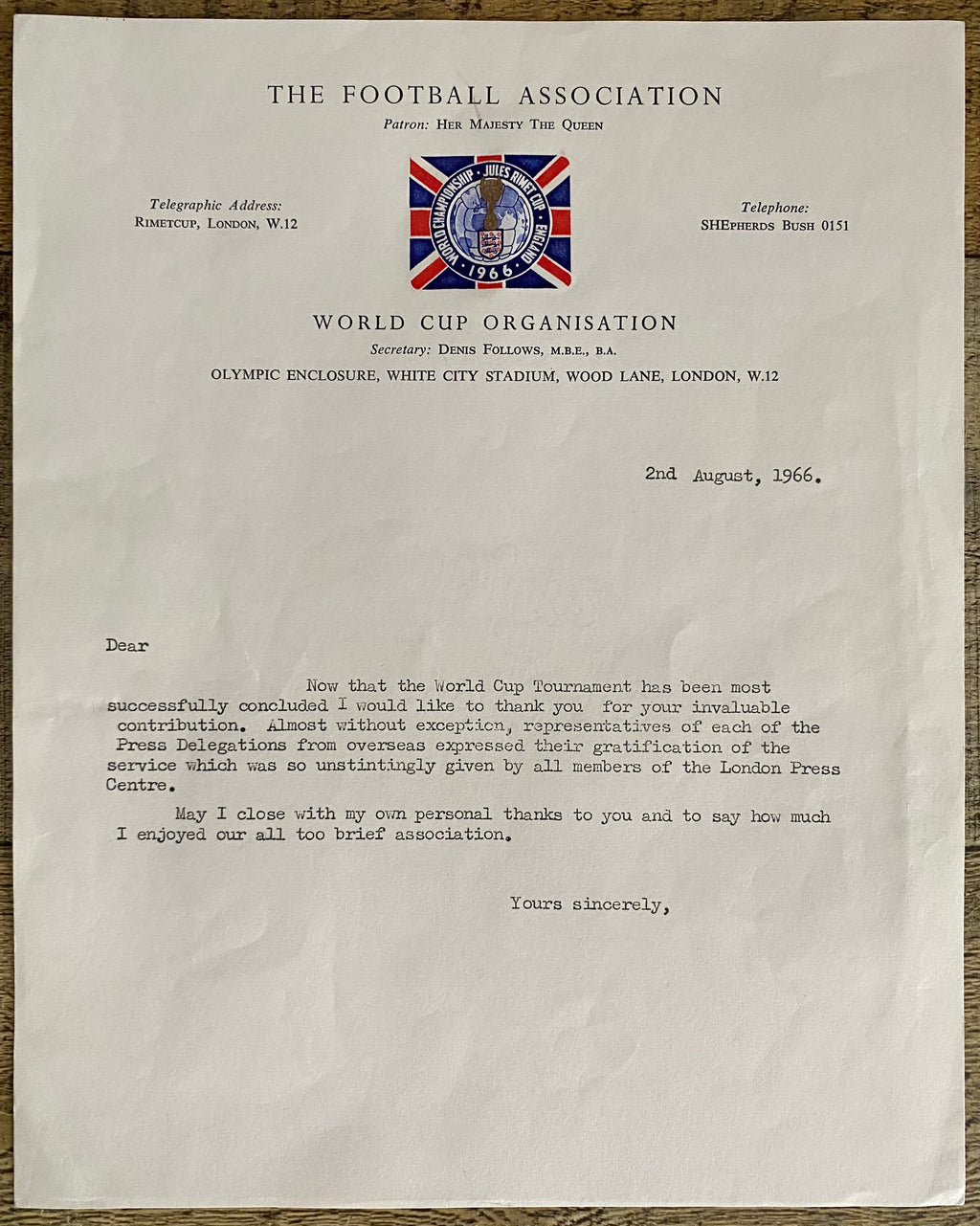 1966 WORLD CUP ORIGINAL OFFICIAL LETTER (THANKYOU LETTER) AUG 1966
