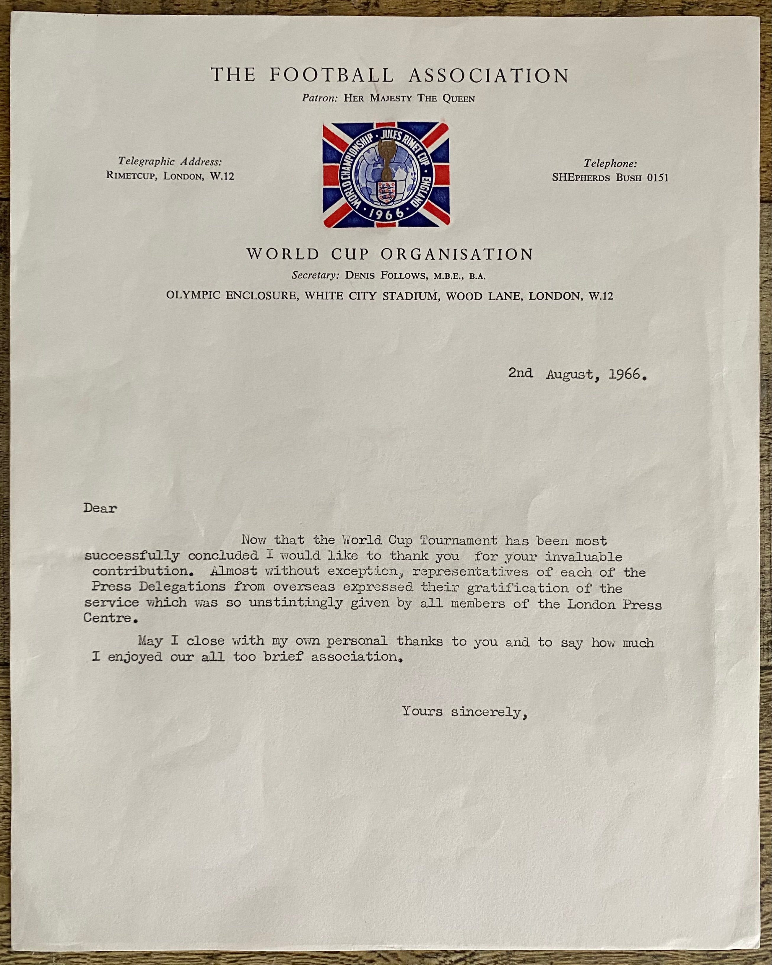 1966 WORLD CUP ORIGINAL OFFICIAL LETTER (THANKYOU LETTER) AUG 1966