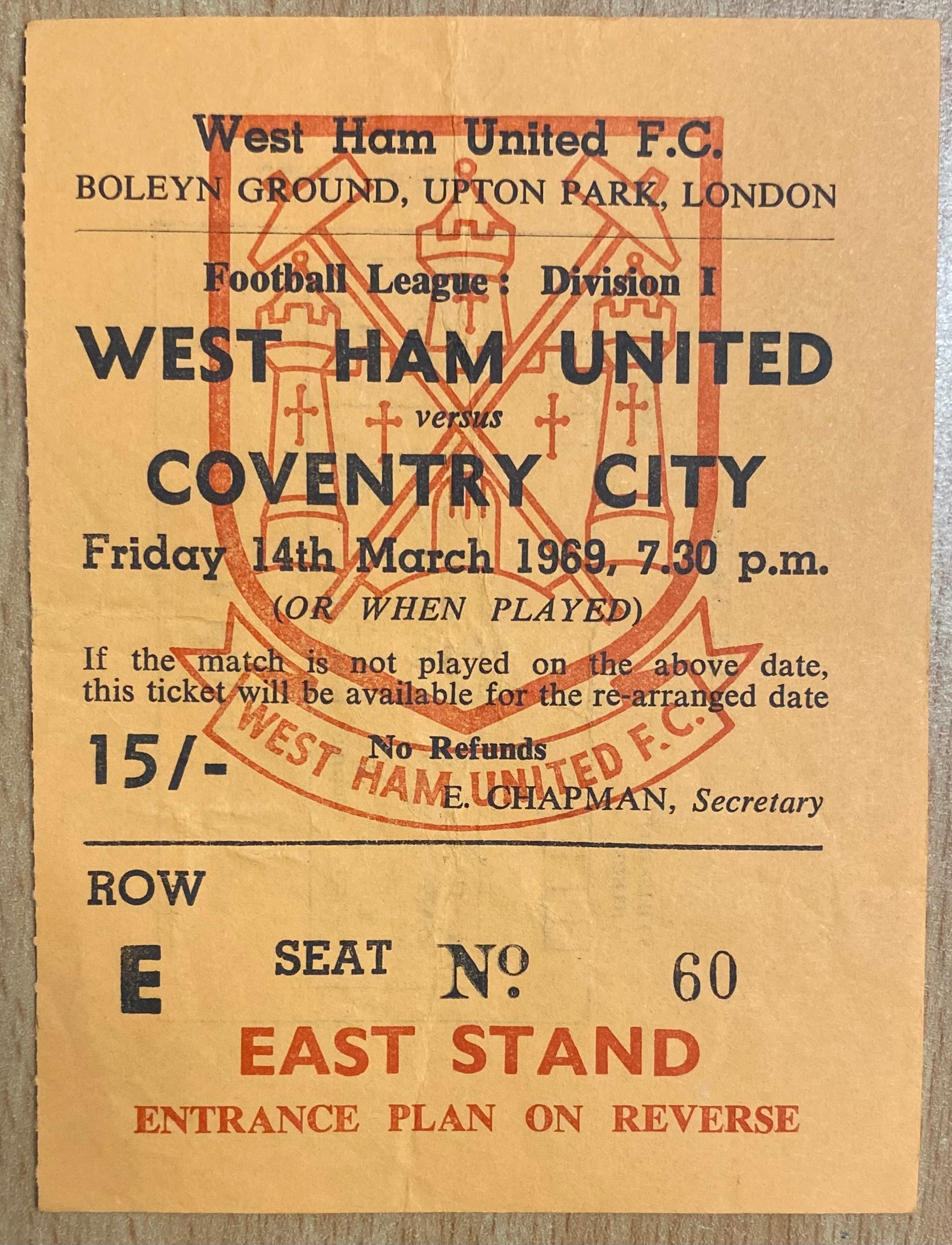 1968/69 ORIGINAL DIVISION 1 TICKET WEST HAM UNITED V COVENTRY CITY