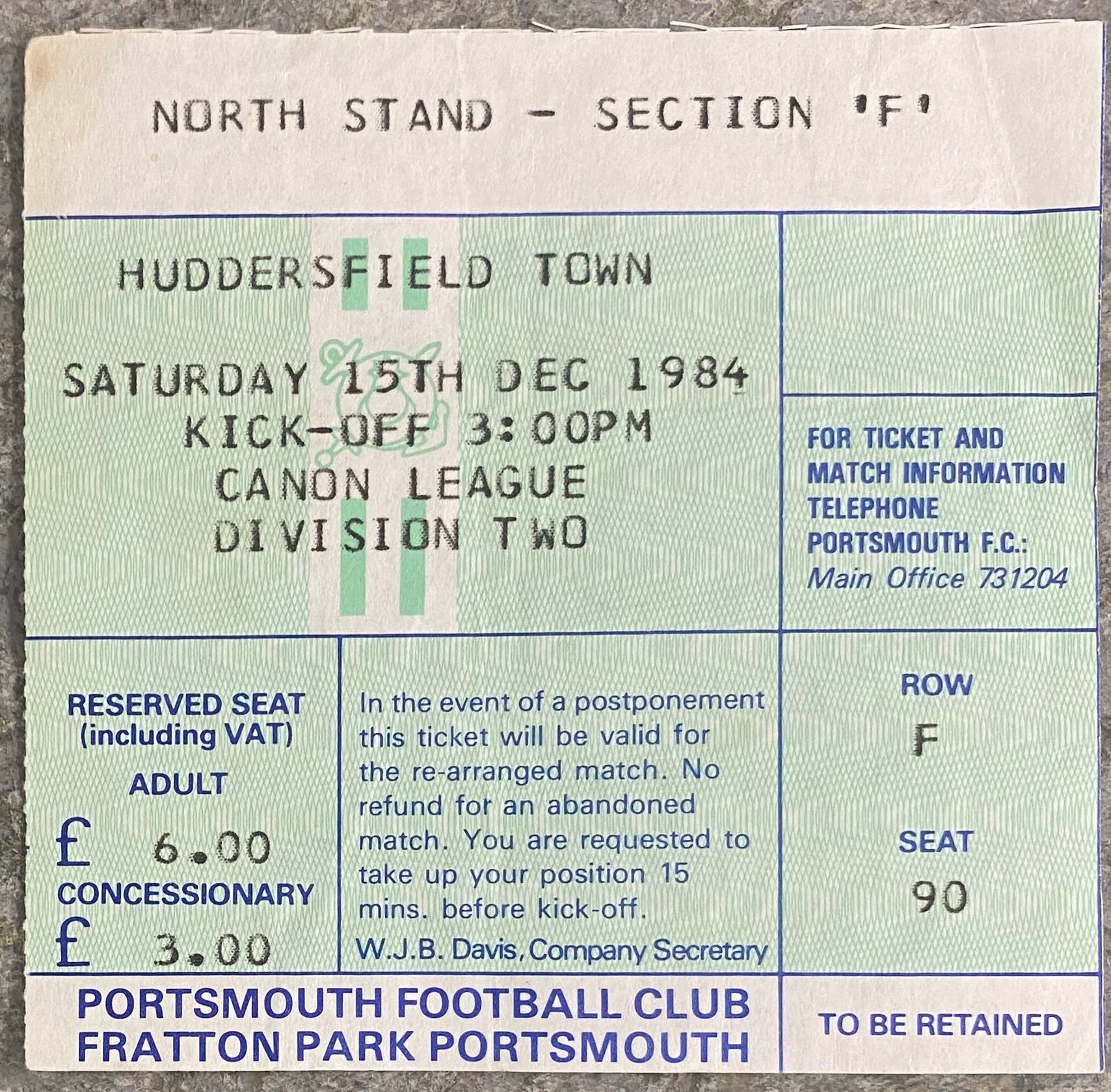 1985/86 ORIGINAL DIVISION 2 TICKET PORTSMOUTH V HUDDERSFIELD TOWN