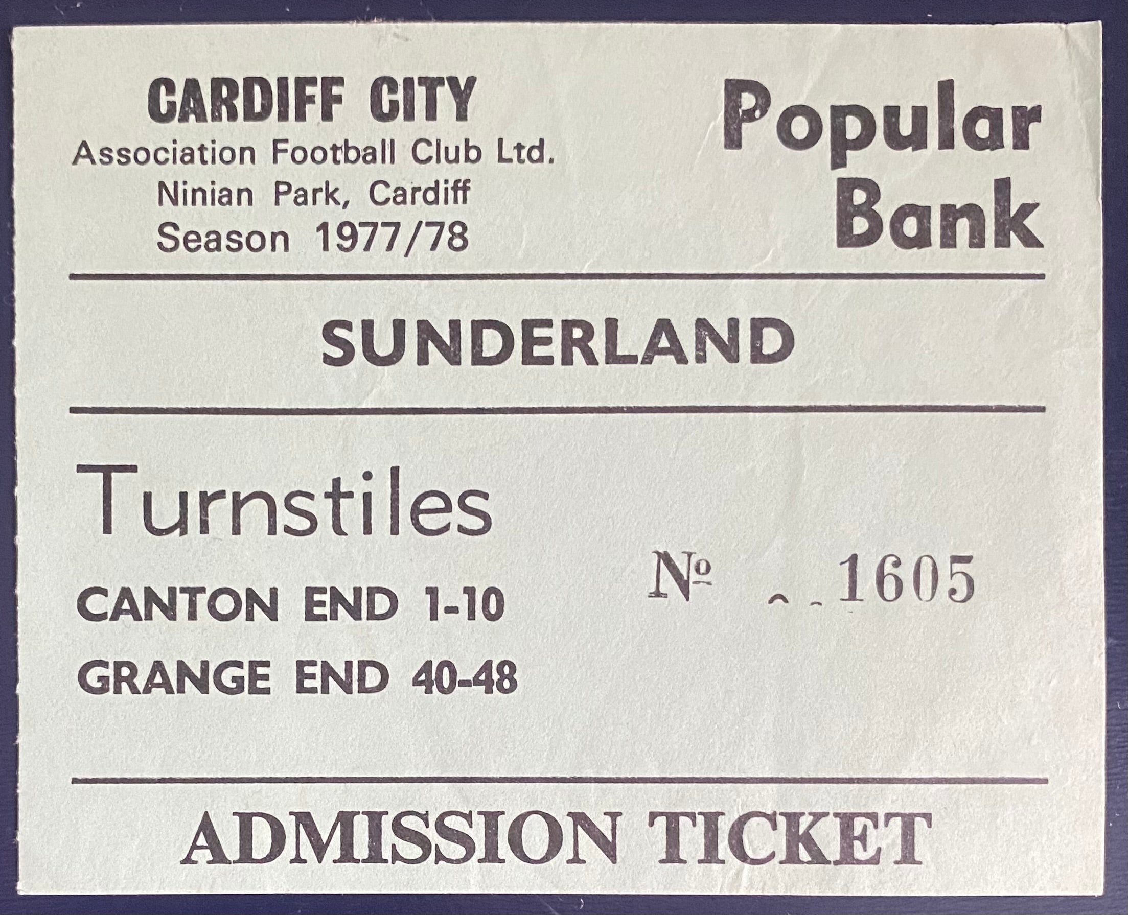 1977/78 ORIGINAL DIVISION 2 TICKET CARDIFF CITY V SUNDERLAND