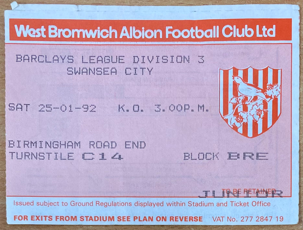 1991/92 ORIGINAL DIVISION 3 TICKET WEST BROMWICH ALBION V SWANSEA CITY