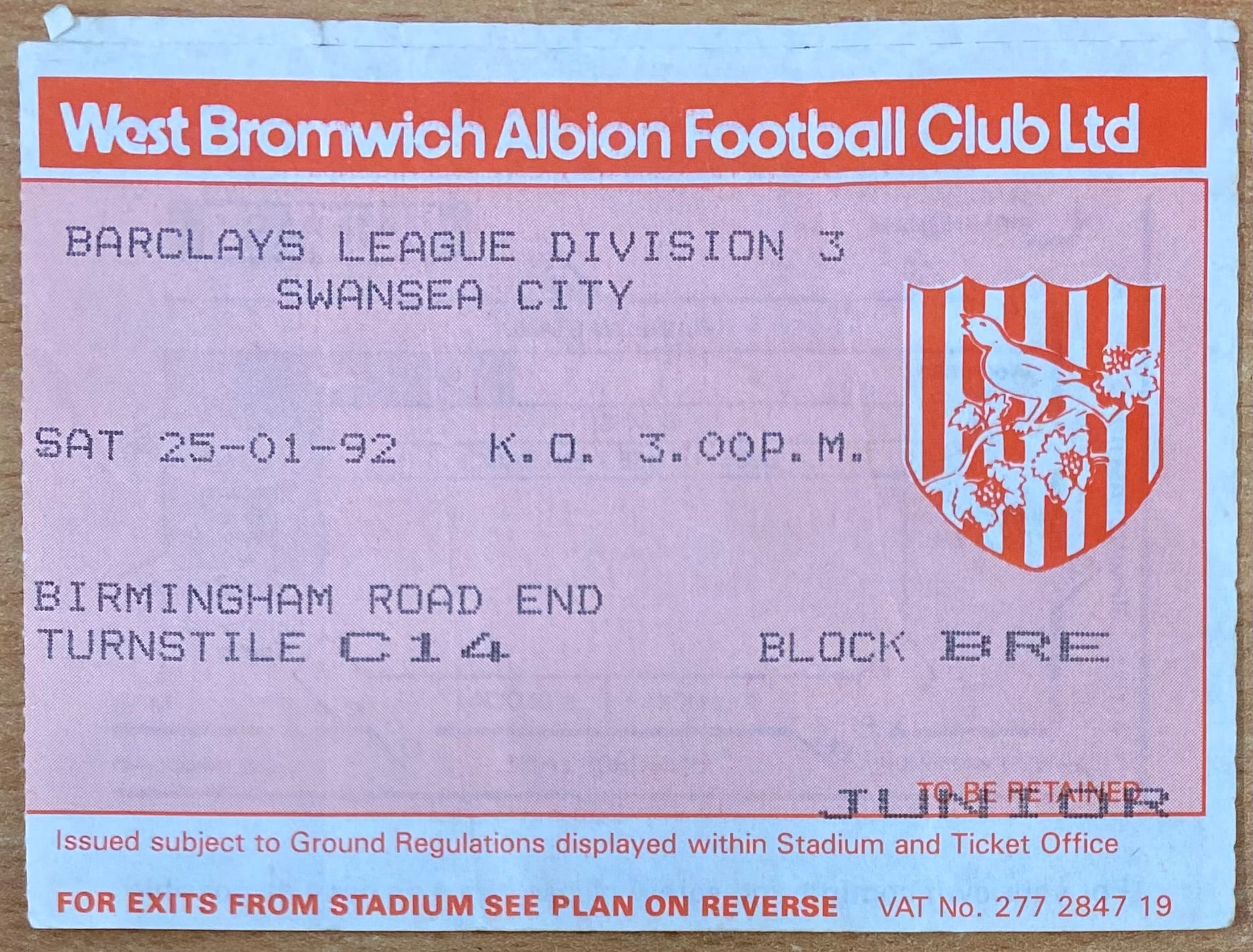 1991/92 ORIGINAL DIVISION 3 TICKET WEST BROMWICH ALBION V SWANSEA CITY
