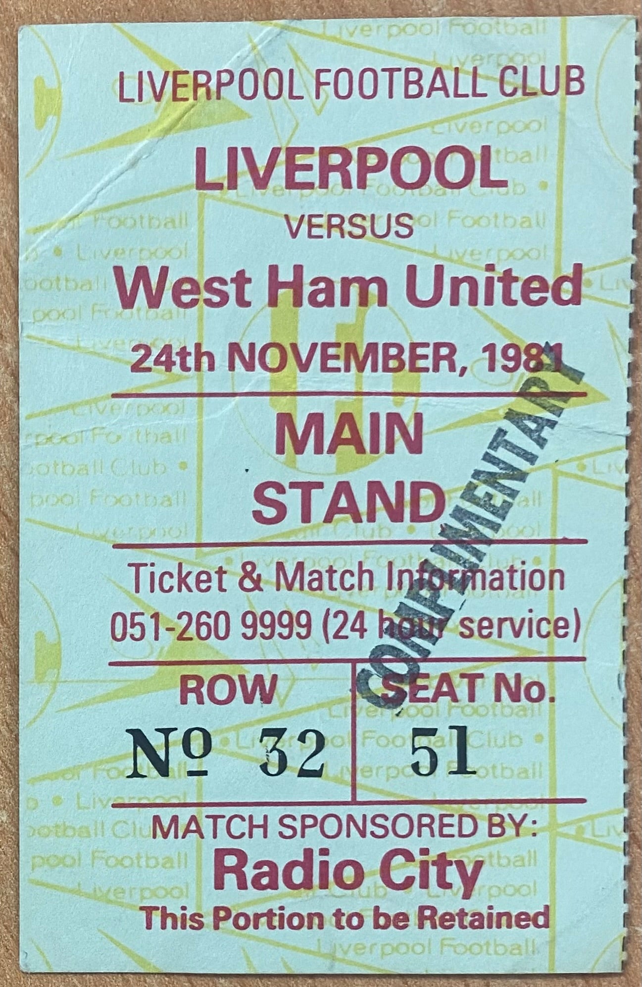 1981/82 ORIGINAL DIVISION ONE TICKET LIVERPOOL V WEST HAM UNITED
