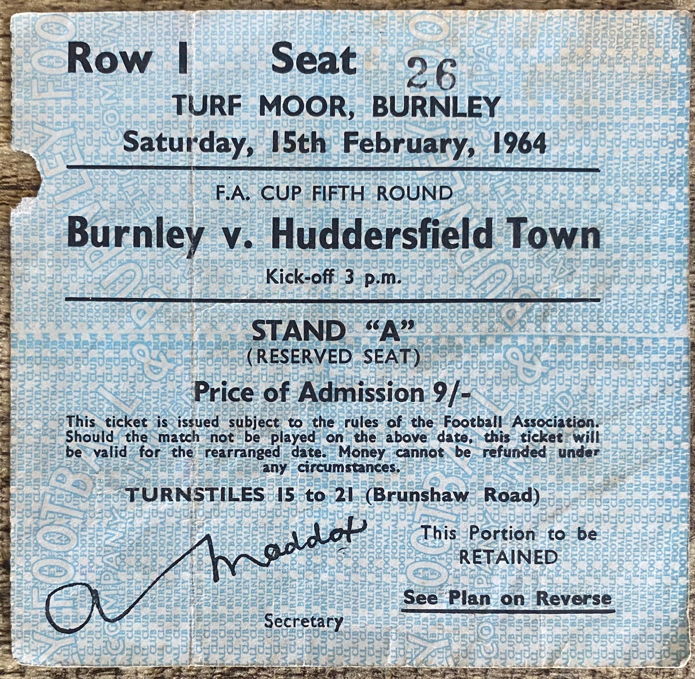 1963/64 ORIGINAL FA CUP 5TH ROUND TICKET BURNLEY V HUDDERSFIELD TOWN