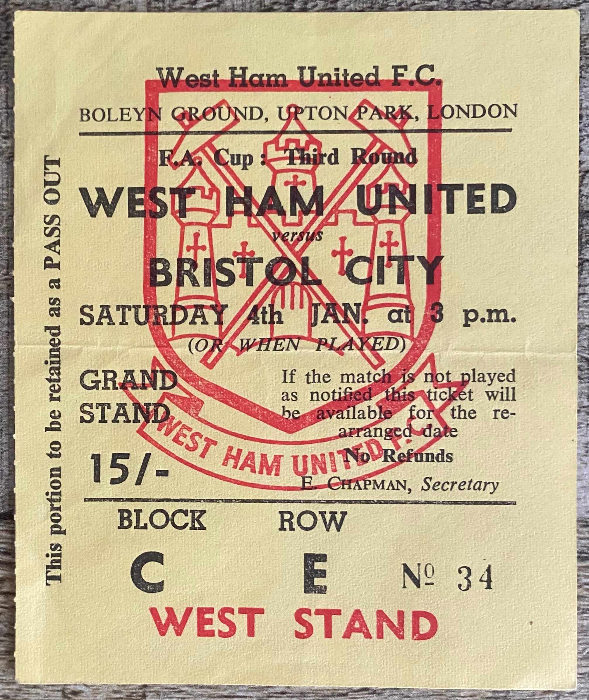 1968/69 ORIGINAL FA CUP 3RD ROUND TICKET WEST HAM UNITED V BRISTOL CITY