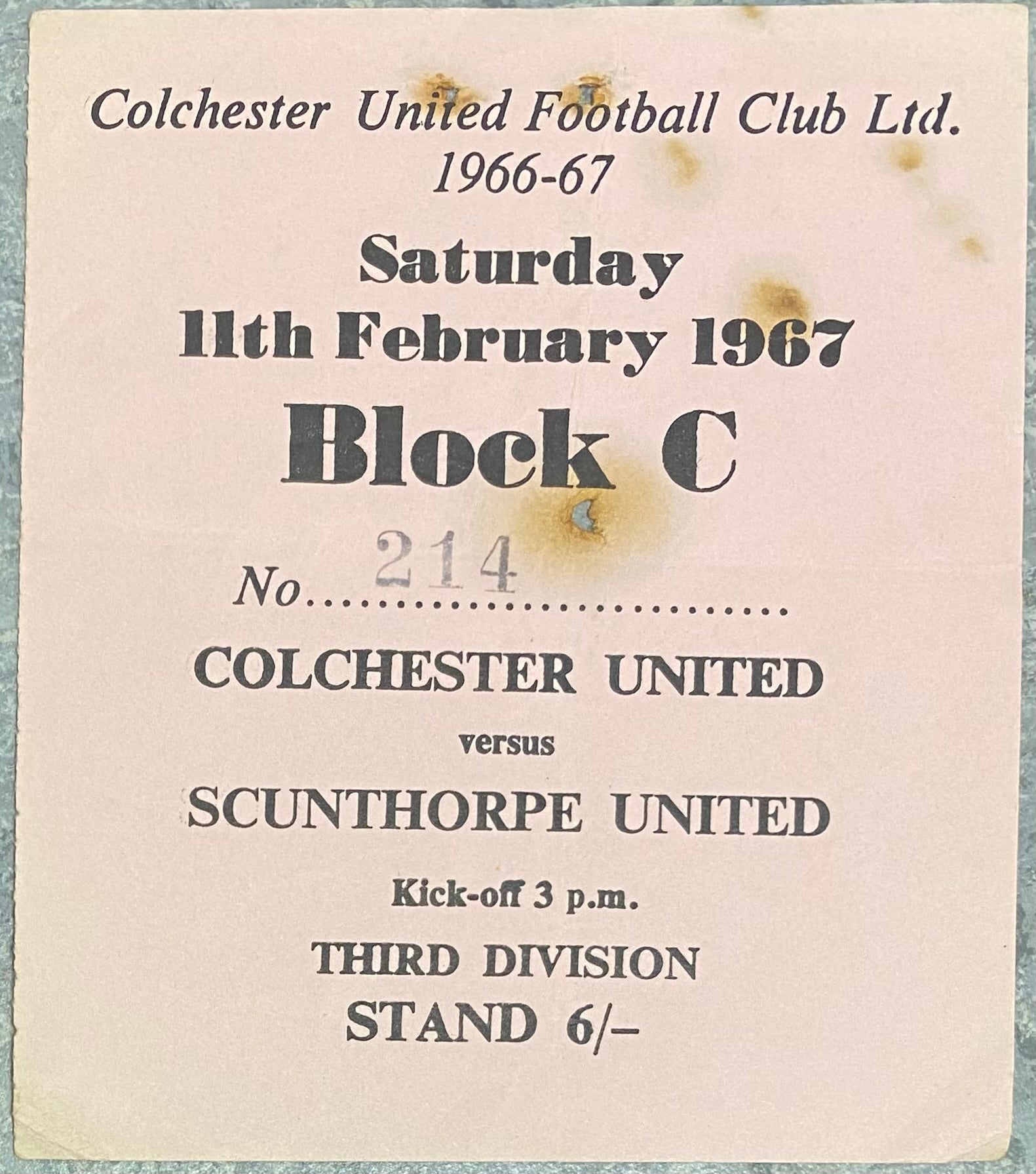 1966/67 ORIGINAL DIVISION 3 TICKET COLCHESTER UNITED V SCUNTHORPE UNITED