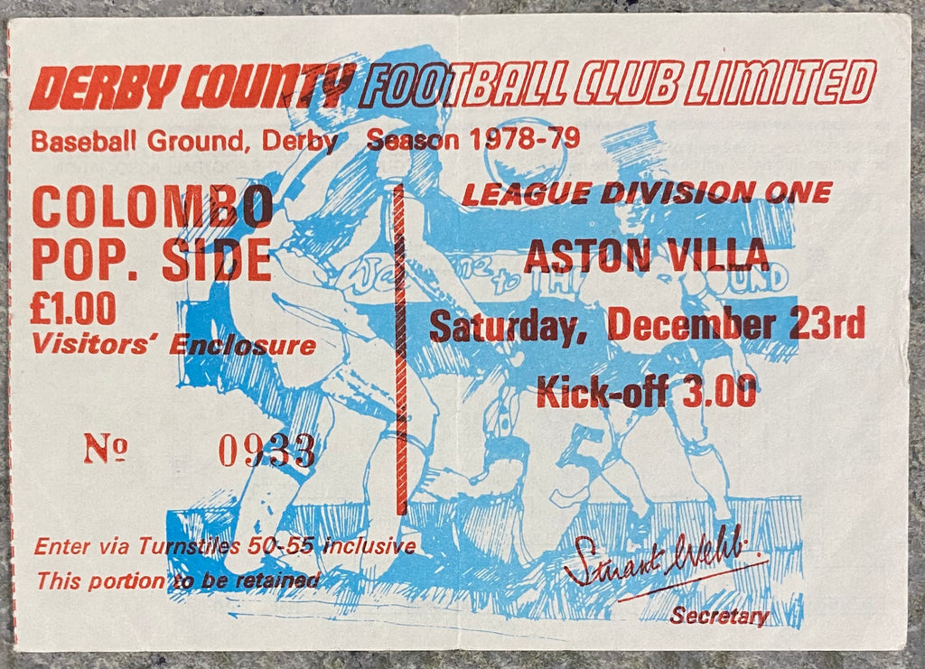 1978/79 ORIGINAL DIVISION 1 TICKET DERBY COUNTY V ASTON VILLA