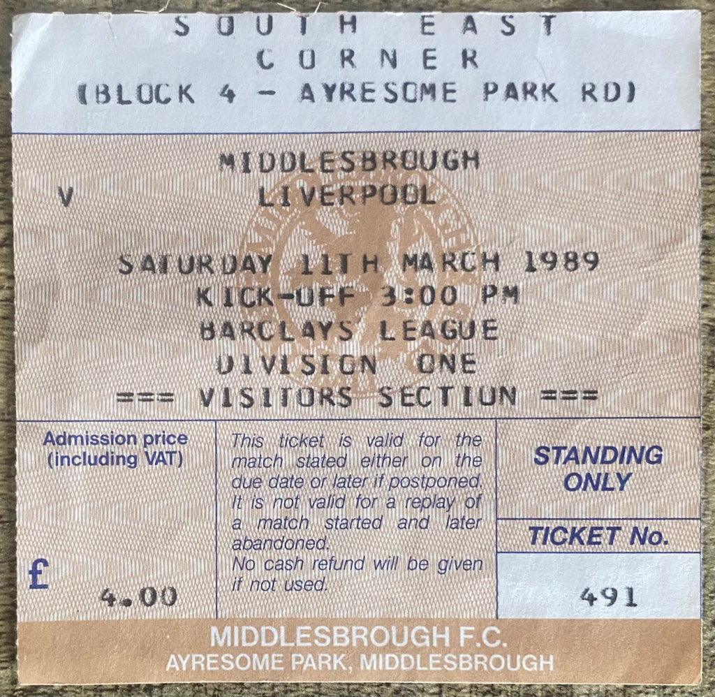 1988/89 ORIGINAL DIVISION ONE TICKET MIDDLESBROUGH V LIVERPOOL
