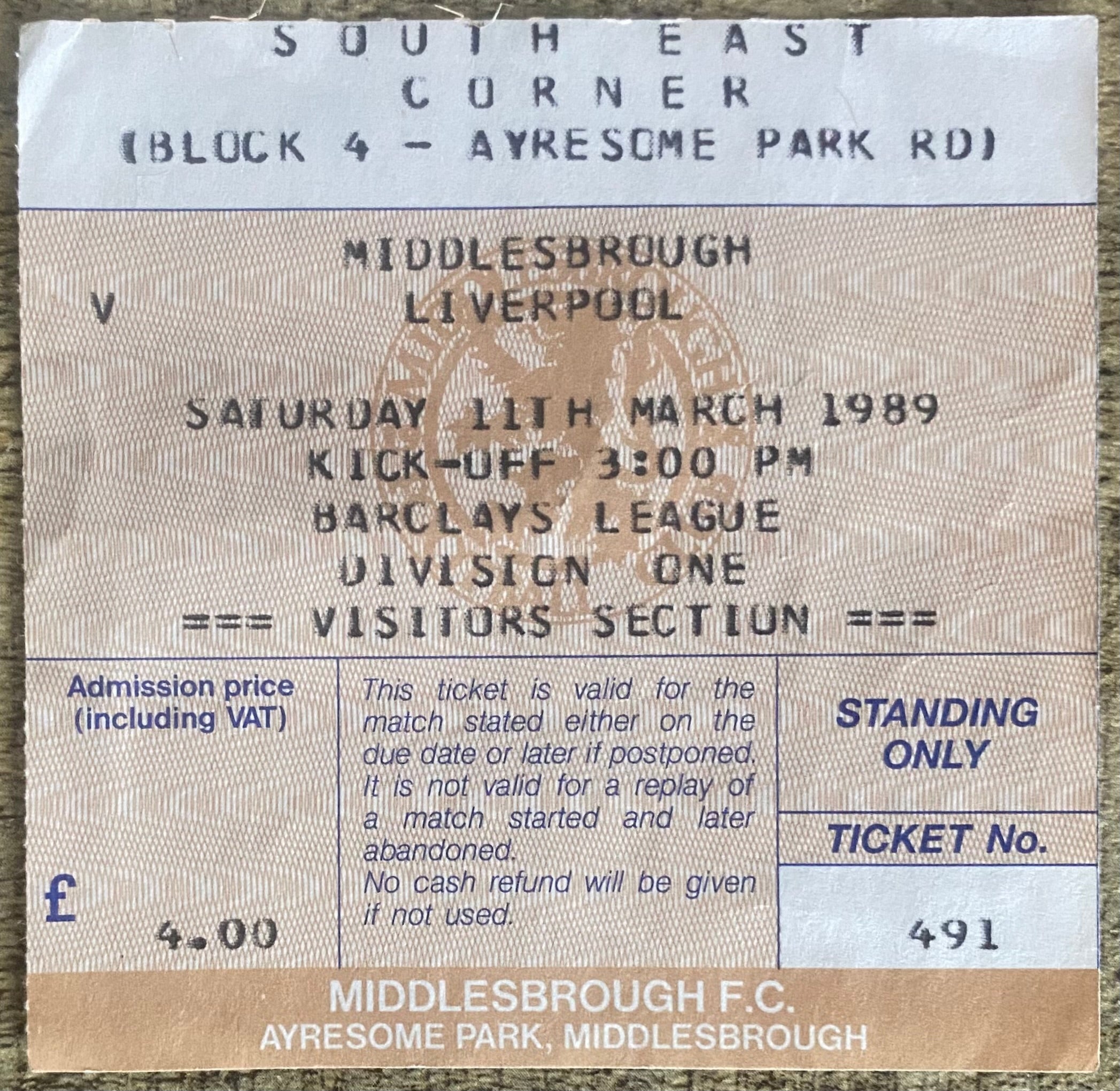 1988/89 ORIGINAL DIVISION ONE TICKET MIDDLESBROUGH V LIVERPOOL
