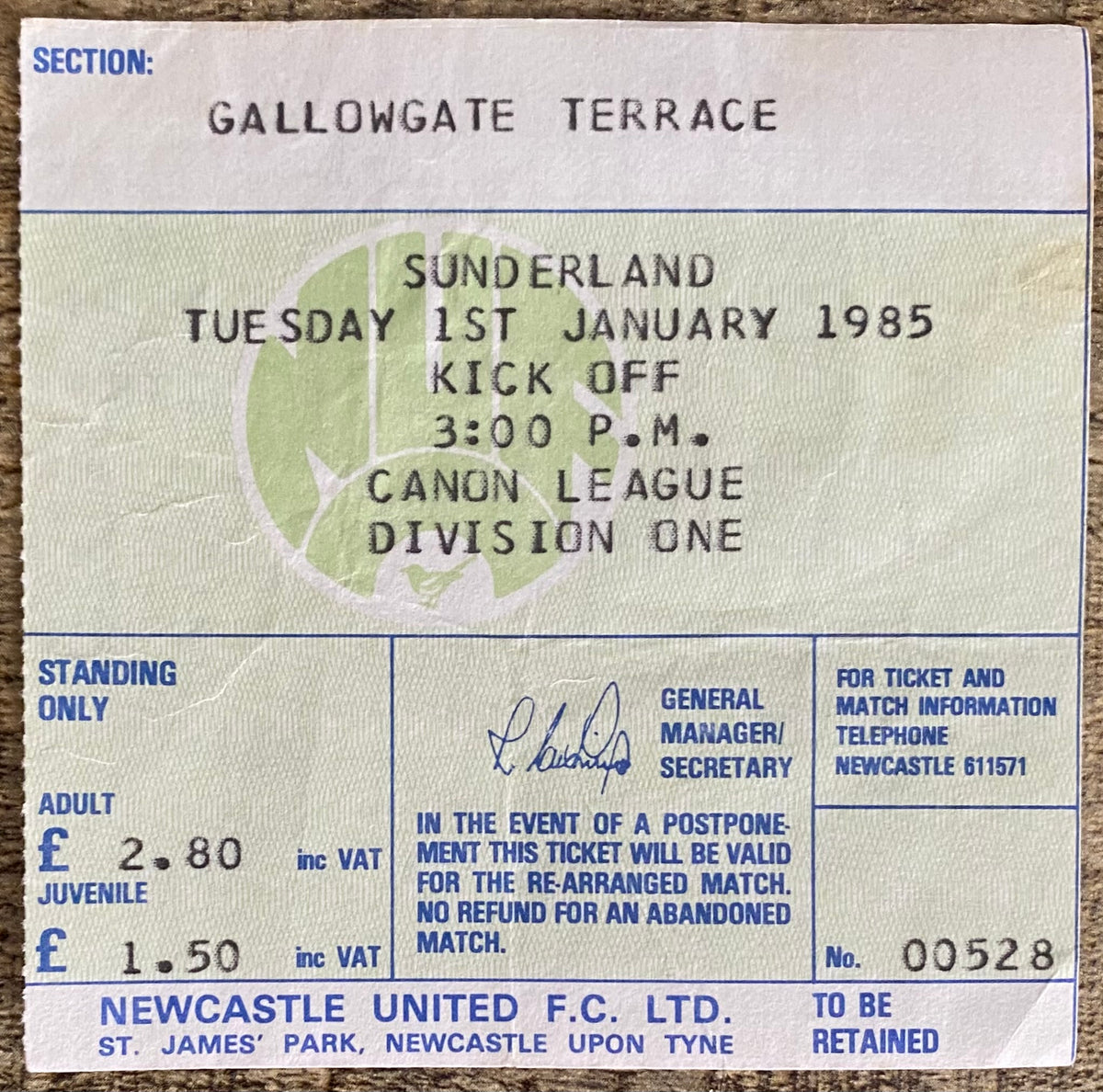 1984/85 ORIGINAL DIVISION 1 TICKET NEWCASTLE UNITED V SUNDERLAND