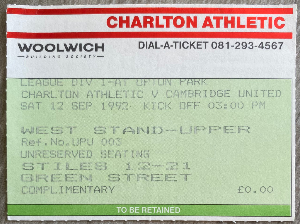 1992/93 ORIGINAL DIVISION 1 TICKET CHARLTON ATHLETIC V CAMBRIDGE UNITED