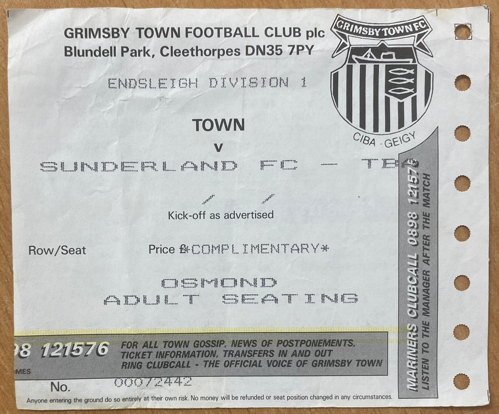 1993/94 ORIGINAL DIVISION 1 TICKET GRIMSBY TOWN V SUNDERLAND
