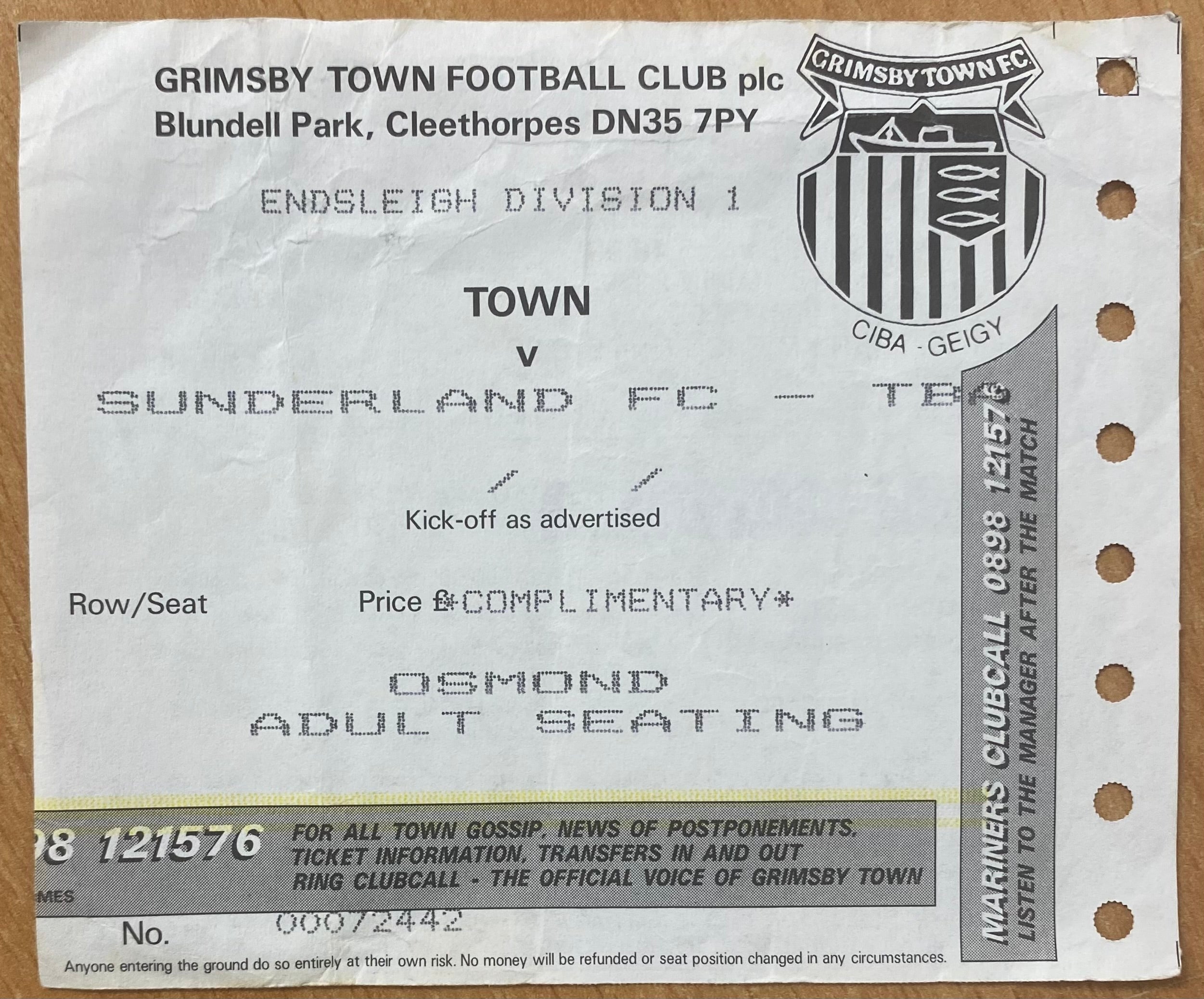 1993/94 ORIGINAL DIVISION 1 TICKET GRIMSBY TOWN V SUNDERLAND