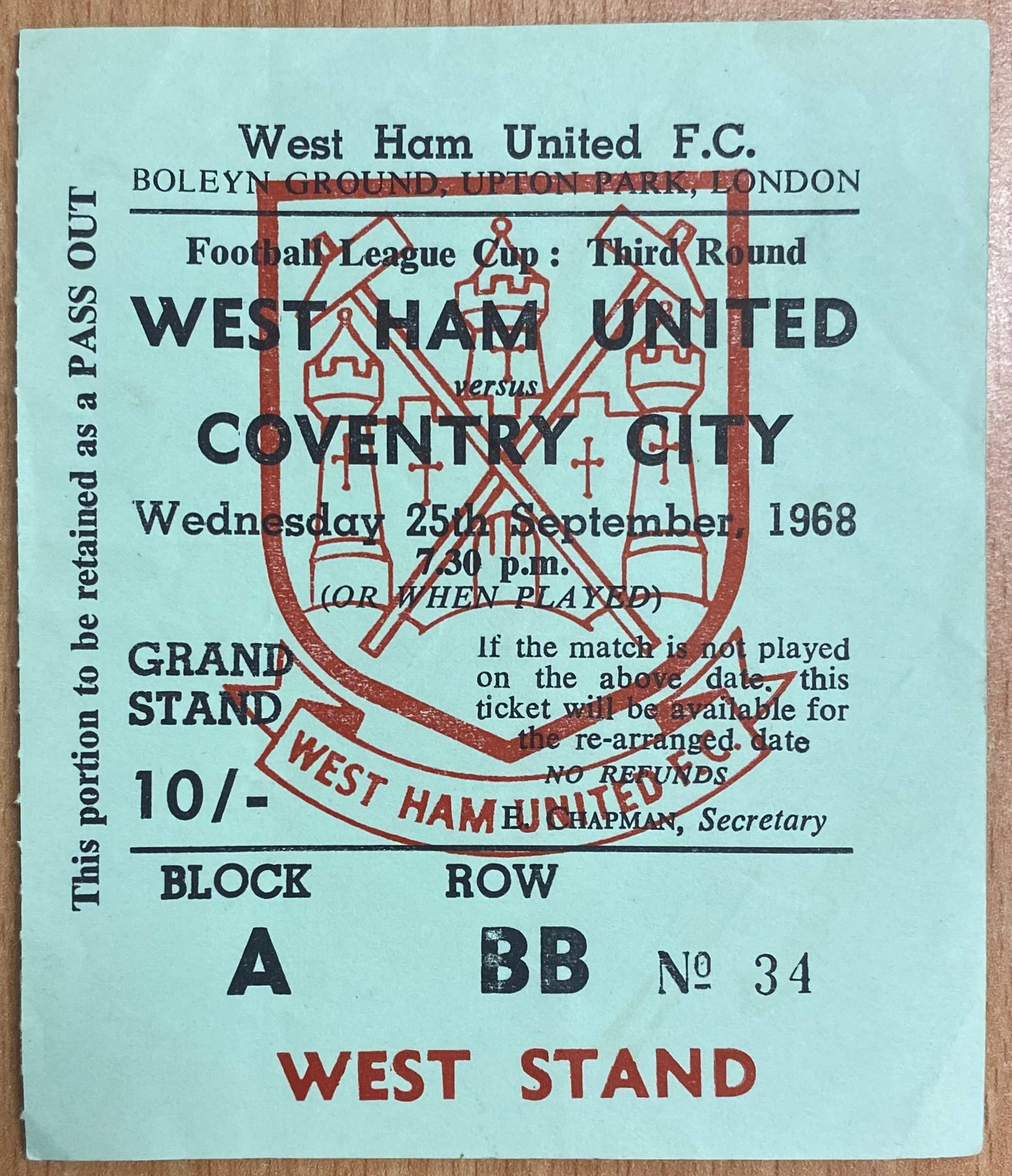 1968/69 ORIGINAL LEAGUE CUP 3RD ROUND TICKET WEST HAM UNITED V COVENTRY CITY