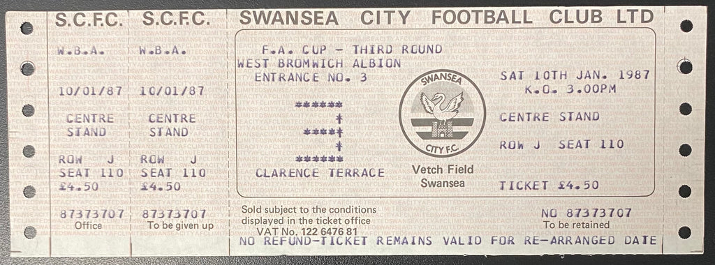1986/87 ORIGINAL FA CUP 3RD ROUND TICKET SWANSEA CITY V WEST BROMWICH ALBION