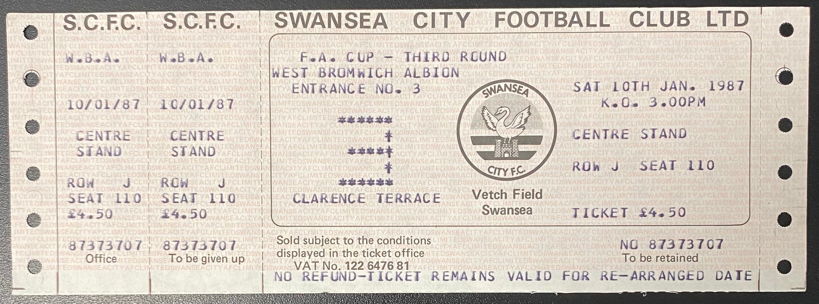 1986/87 ORIGINAL FA CUP 3RD ROUND TICKET SWANSEA CITY V WEST BROMWICH ALBION