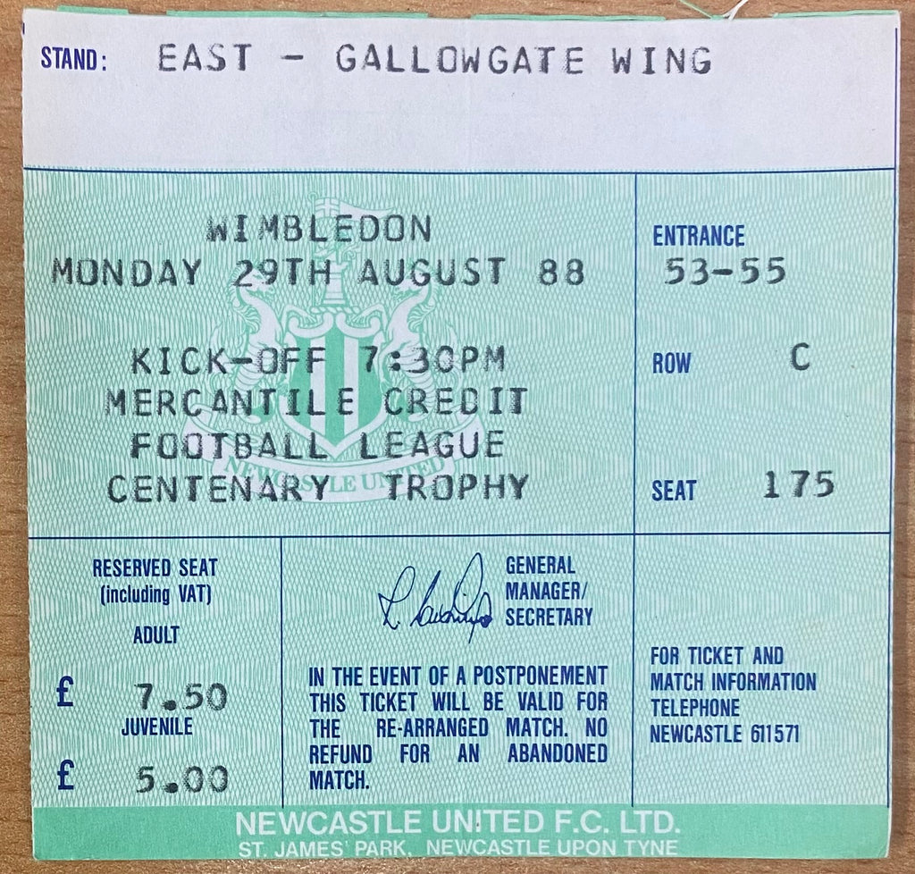 1988/89 ORIGINAL MERCANTILE CREDIT CENTENARY TROPHY TICKET NEWCASTLE UNITED V WIMBLEDON