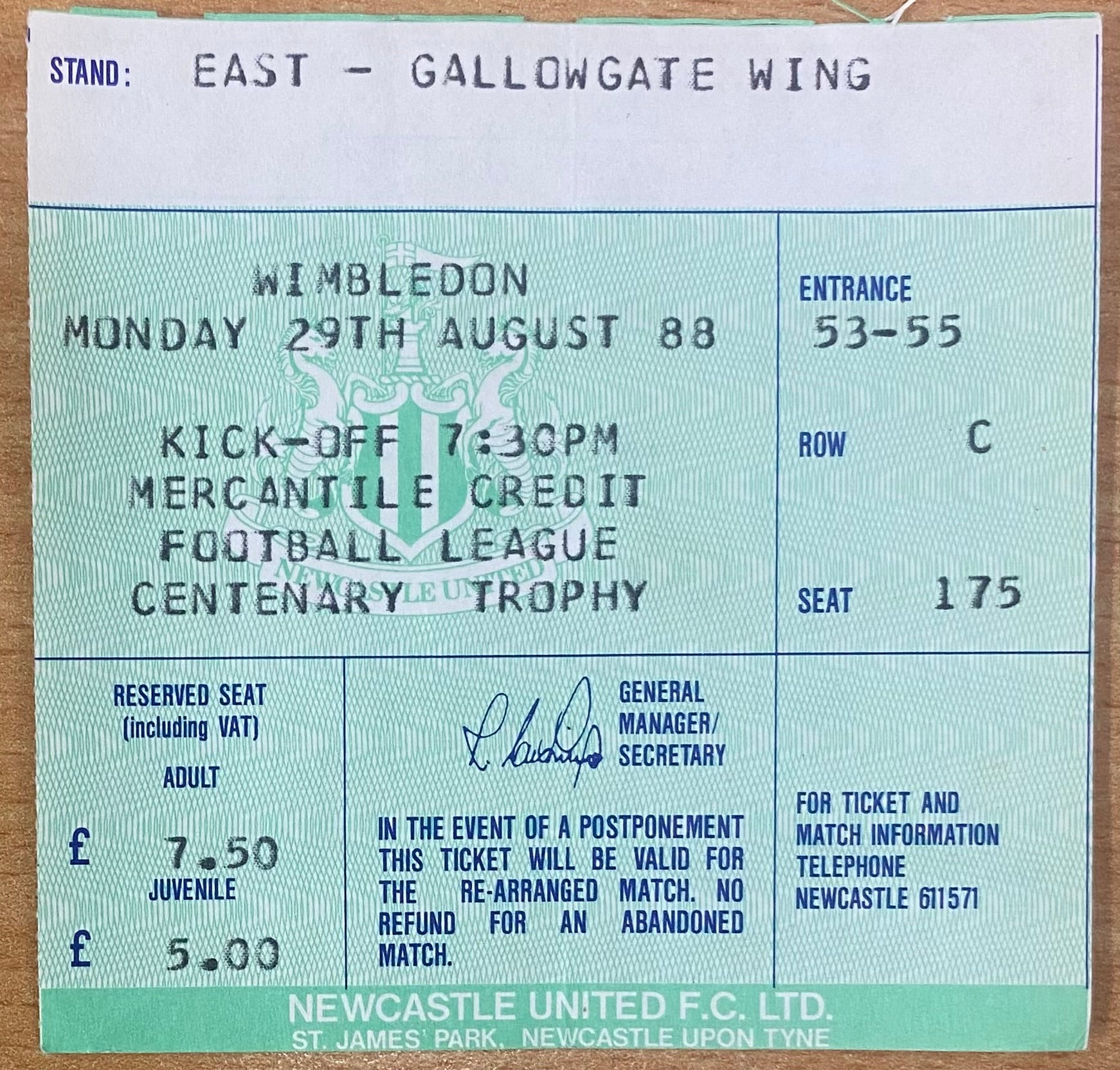 1988/89 ORIGINAL MERCANTILE CREDIT CENTENARY TROPHY TICKET NEWCASTLE UNITED V WIMBLEDON