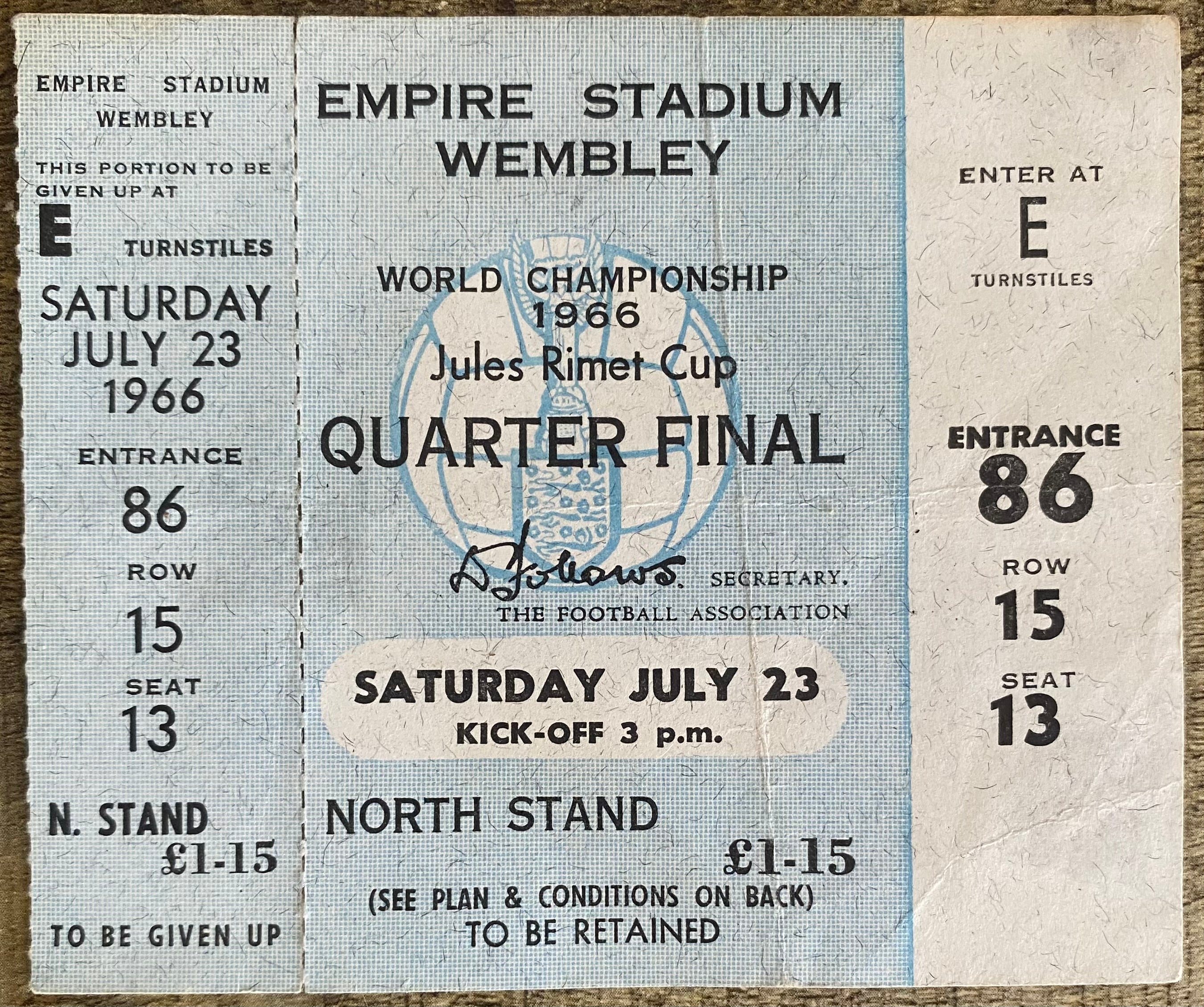1966 ORIGINAL WORLD CUP QUARTER FINAL UNUSED TICKET ENGLAND V ARGENTINA @ WEMBLEY