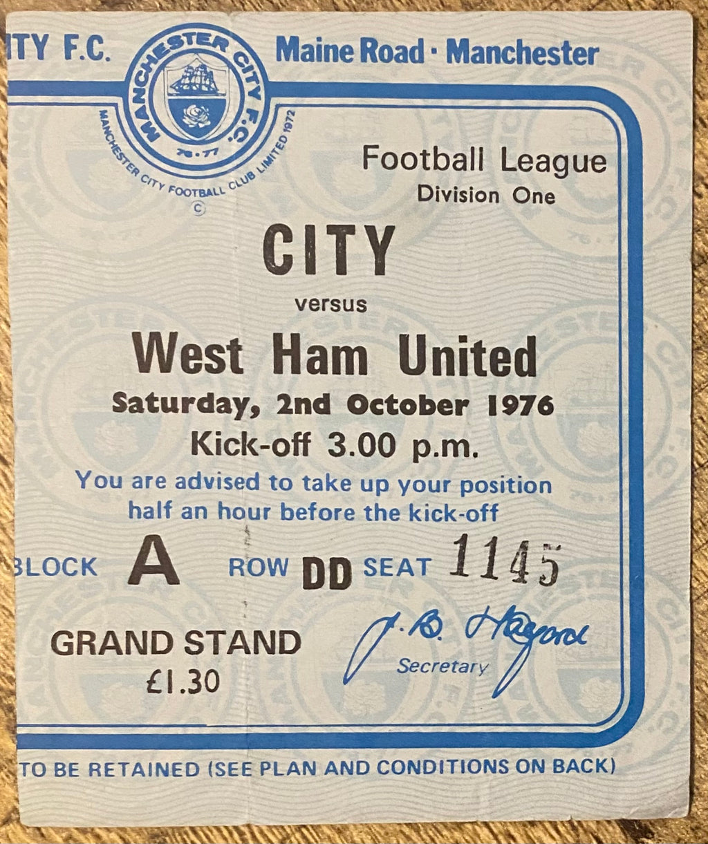 1976/77 ORIGINAL DIVISION 1 TICKET MANCHESTER CITY V WEST HAM UNITED