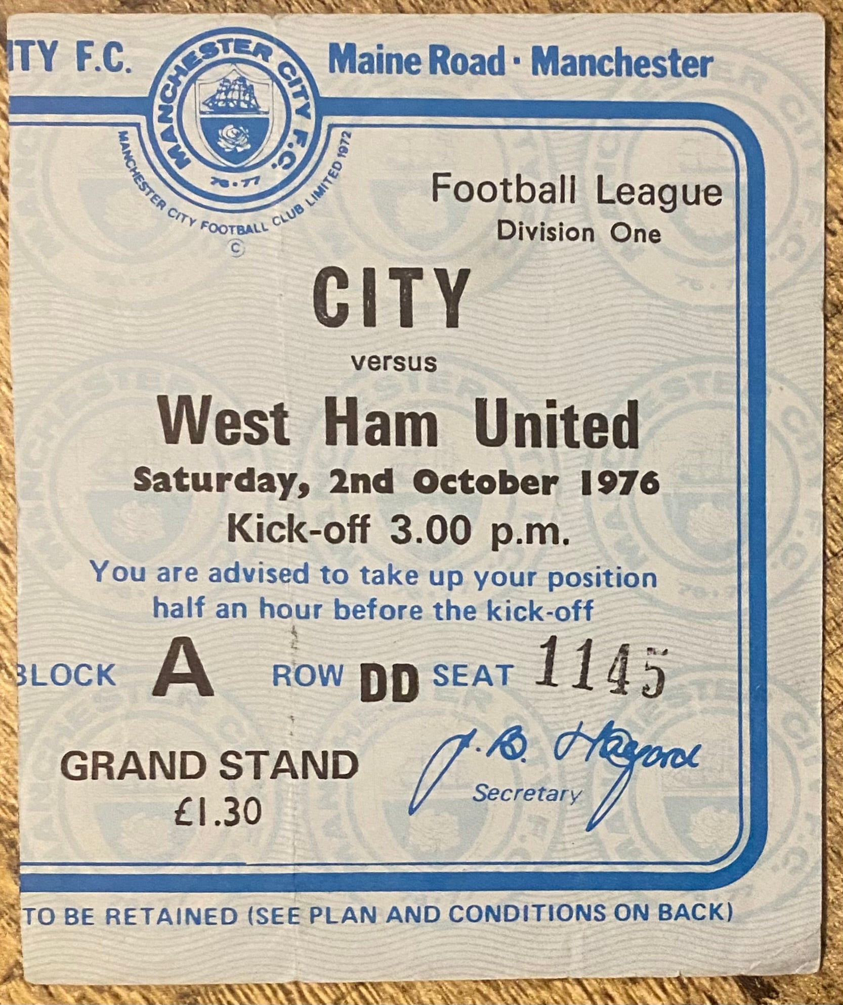 1976/77 ORIGINAL DIVISION 1 TICKET MANCHESTER CITY V WEST HAM UNITED
