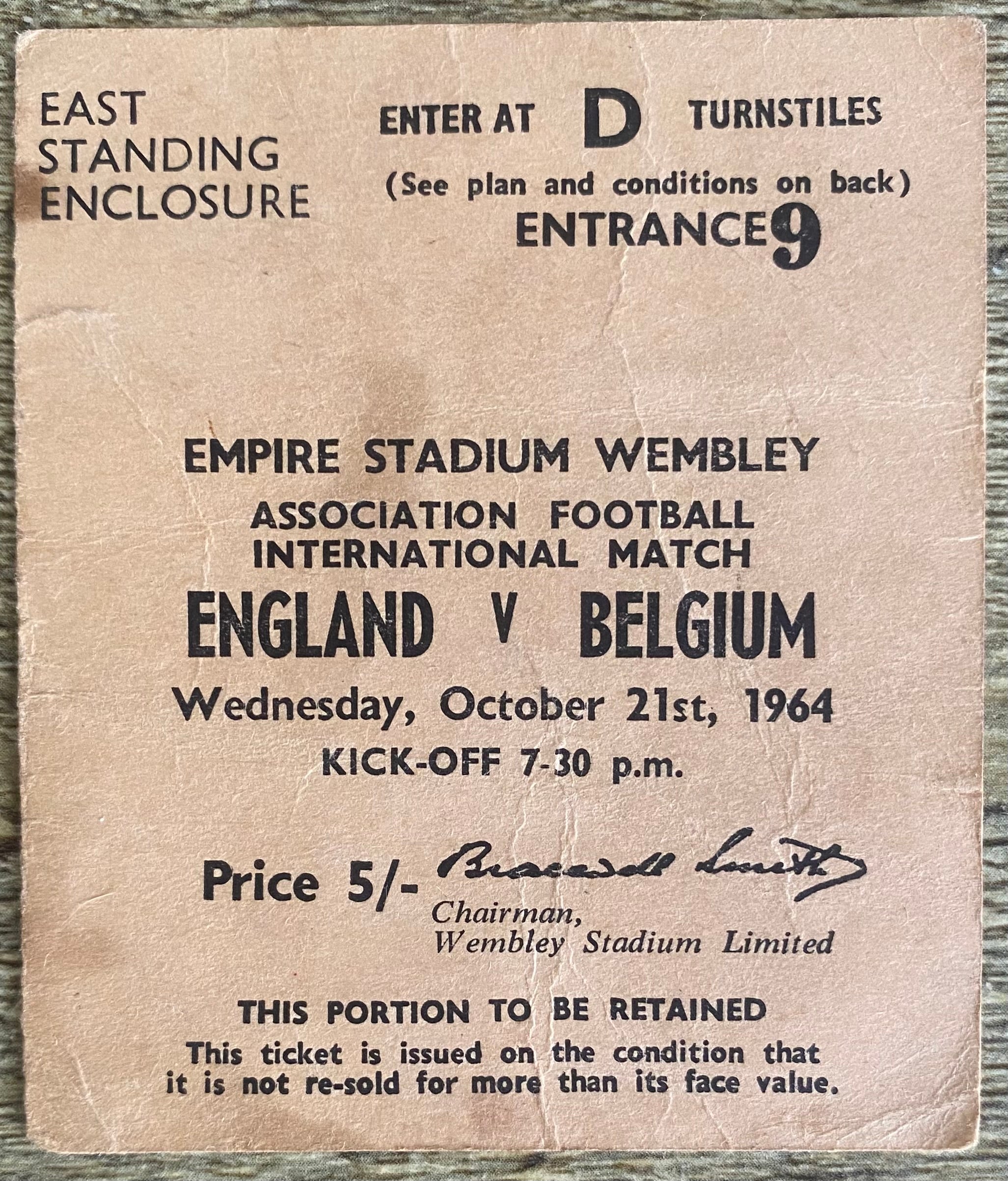 1964 ORIGINAL INTERNATIONAL TICKET ENGLAND V BELGIUM