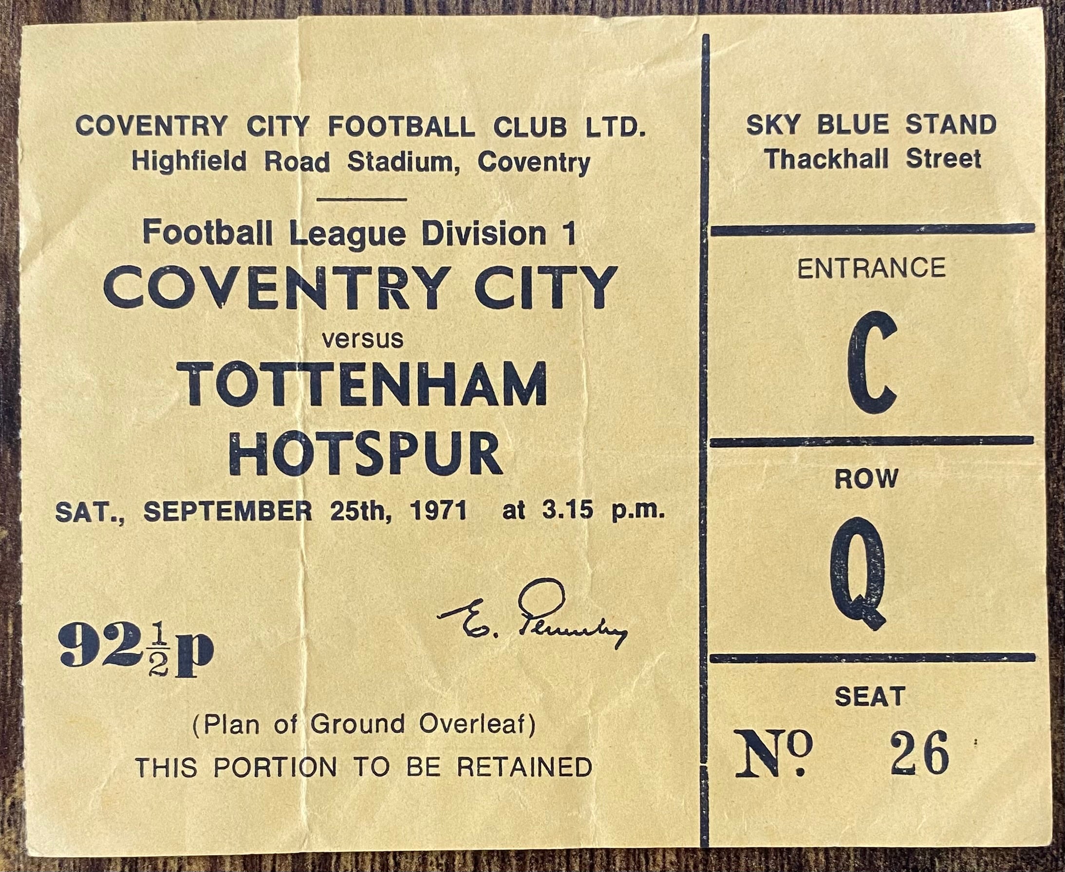 1971/72 ORIGINAL DIVISION 1 TICKET COVENTRY CITY V TOTTENHAM HOTSPUR