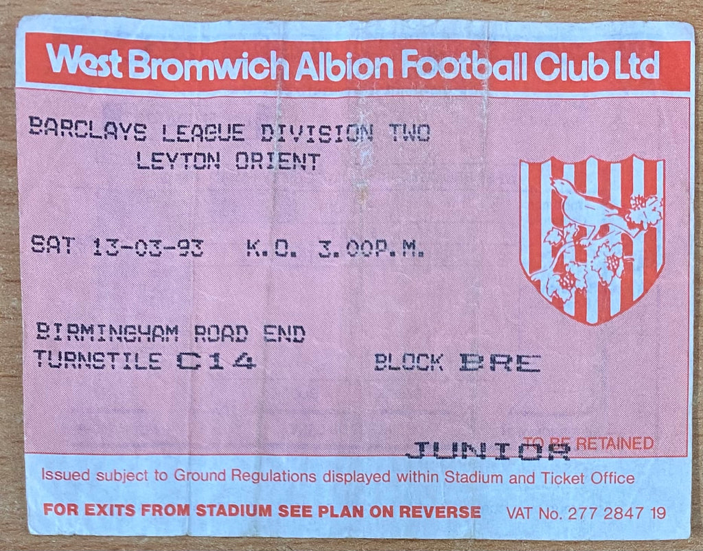 1992/93 ORIGINAL DIVISION 2 TICKET WEST BROMWICH ALBION V LEYTON ORIENT