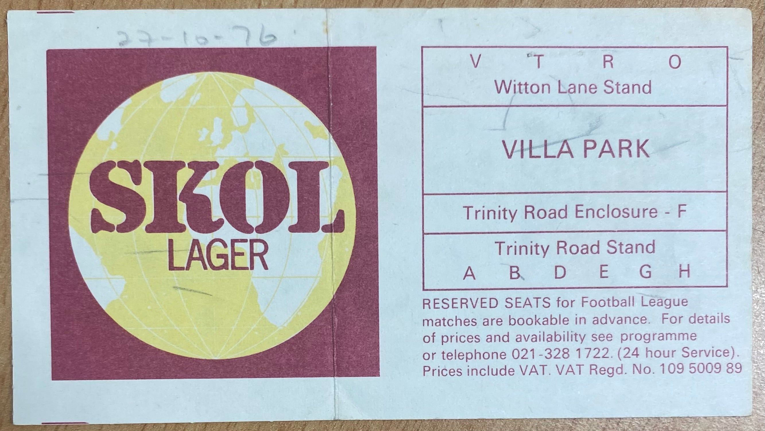 1976/77 ORIGINAL LEAGUE CUP 4TH ROUND TICKET ASTON VILLA V WREXHAM