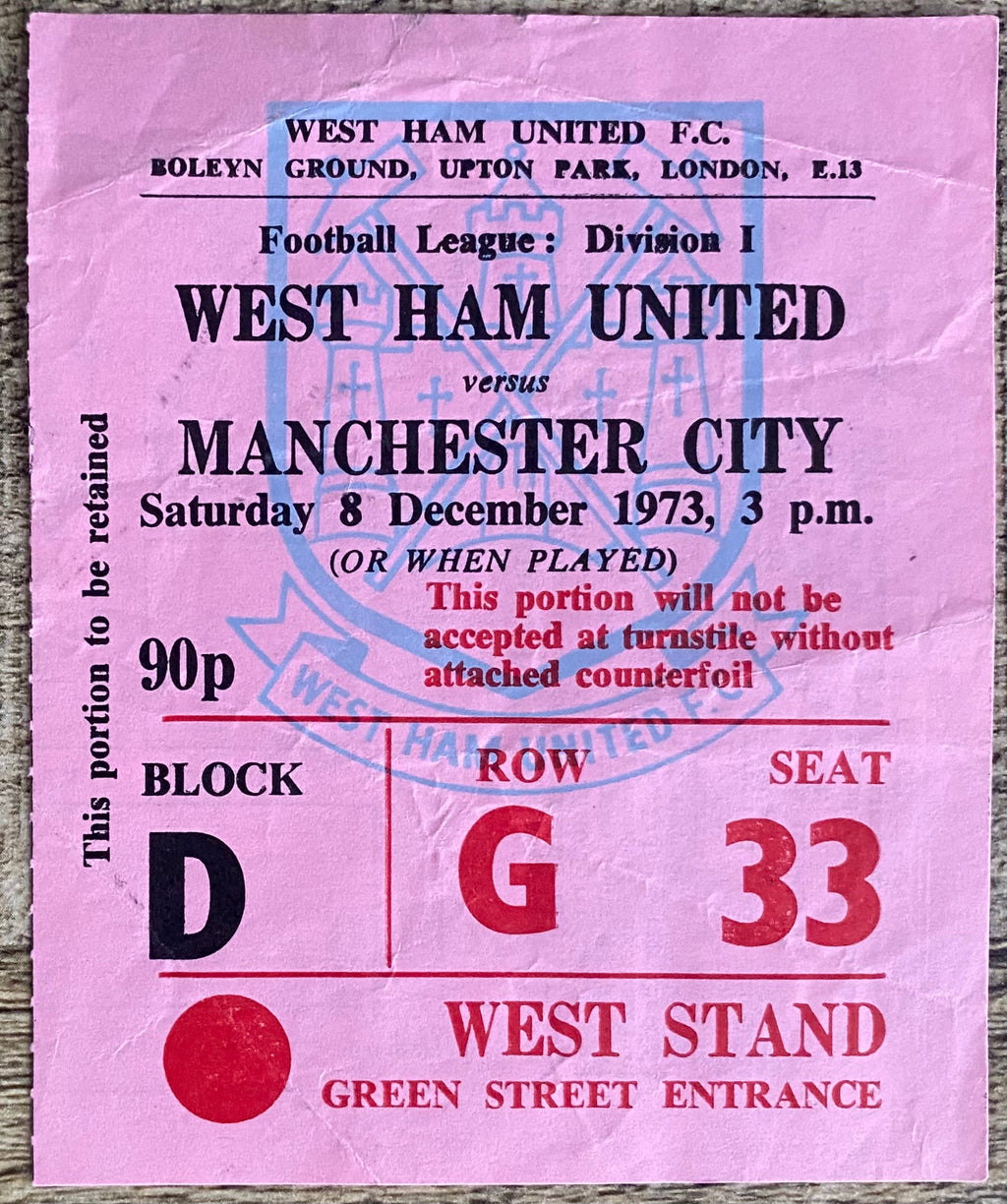 1973/74 ORIGINAL DIVISION ONE TICKET WEST HAM UNITED V MANCHESTER CITY