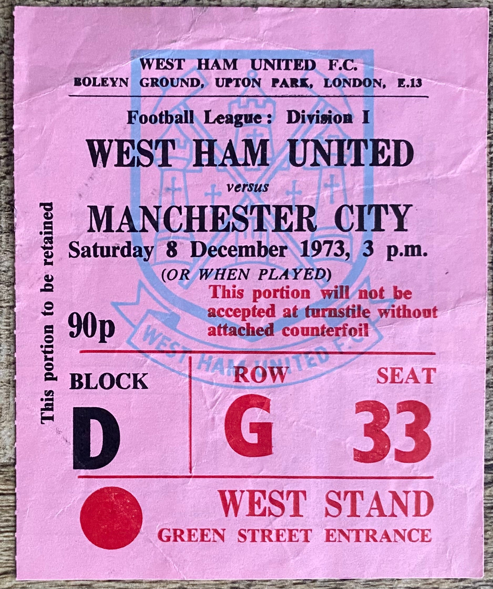 1973/74 ORIGINAL DIVISION ONE TICKET WEST HAM UNITED V MANCHESTER CITY